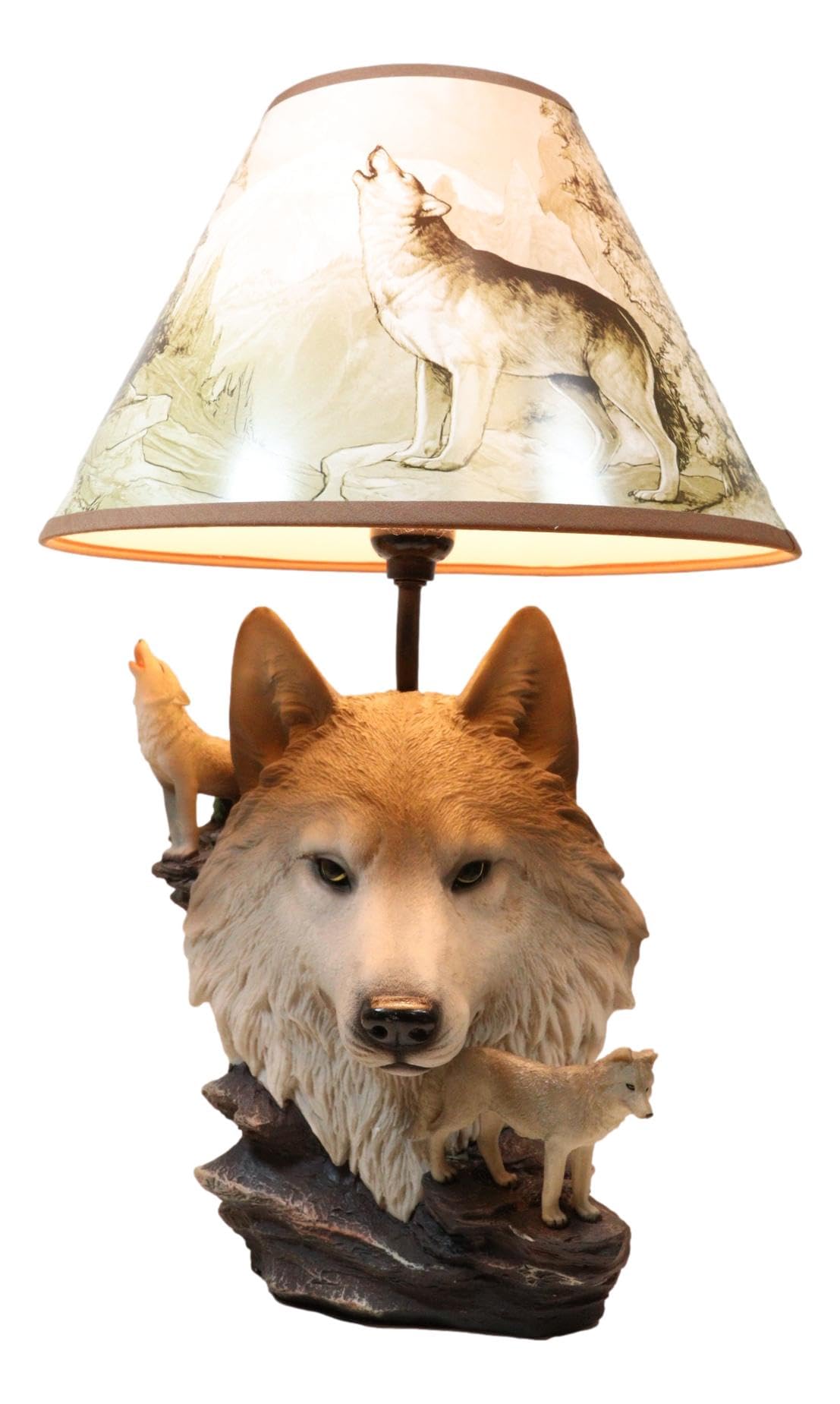 Ebros Gift Wildlife Rustic Full Moon Gray Wolf Akela Head Bust With Howling Wolves On Rocks Sculptural Desktop Side Table Lamp With Shade Home Furnishing 19"Tall Wolves Timber Wolf Family Decor Statue