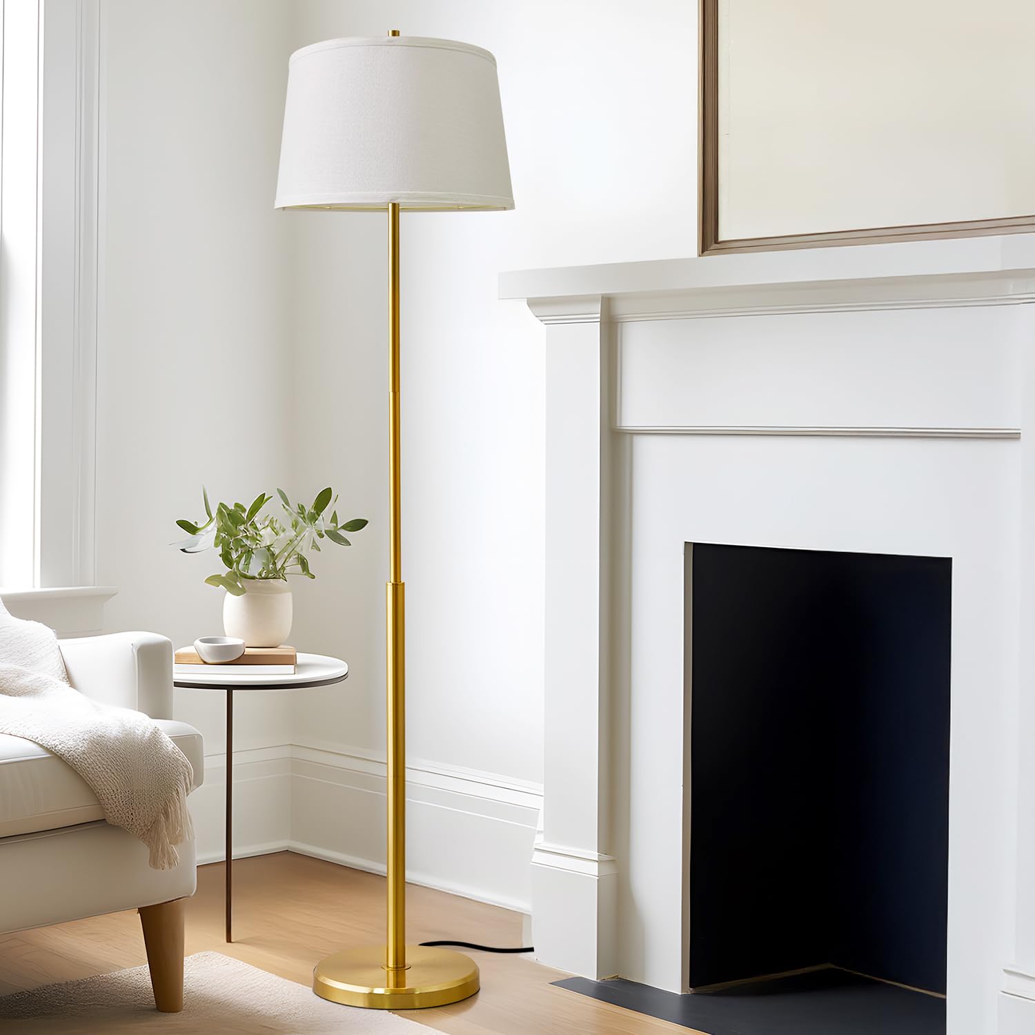 Oneach 61'' Floor Lamp For Living Room, Gold Modern Standing Lamp With White Linen Shade, Brass Tall Pole Light With Rotary Swit