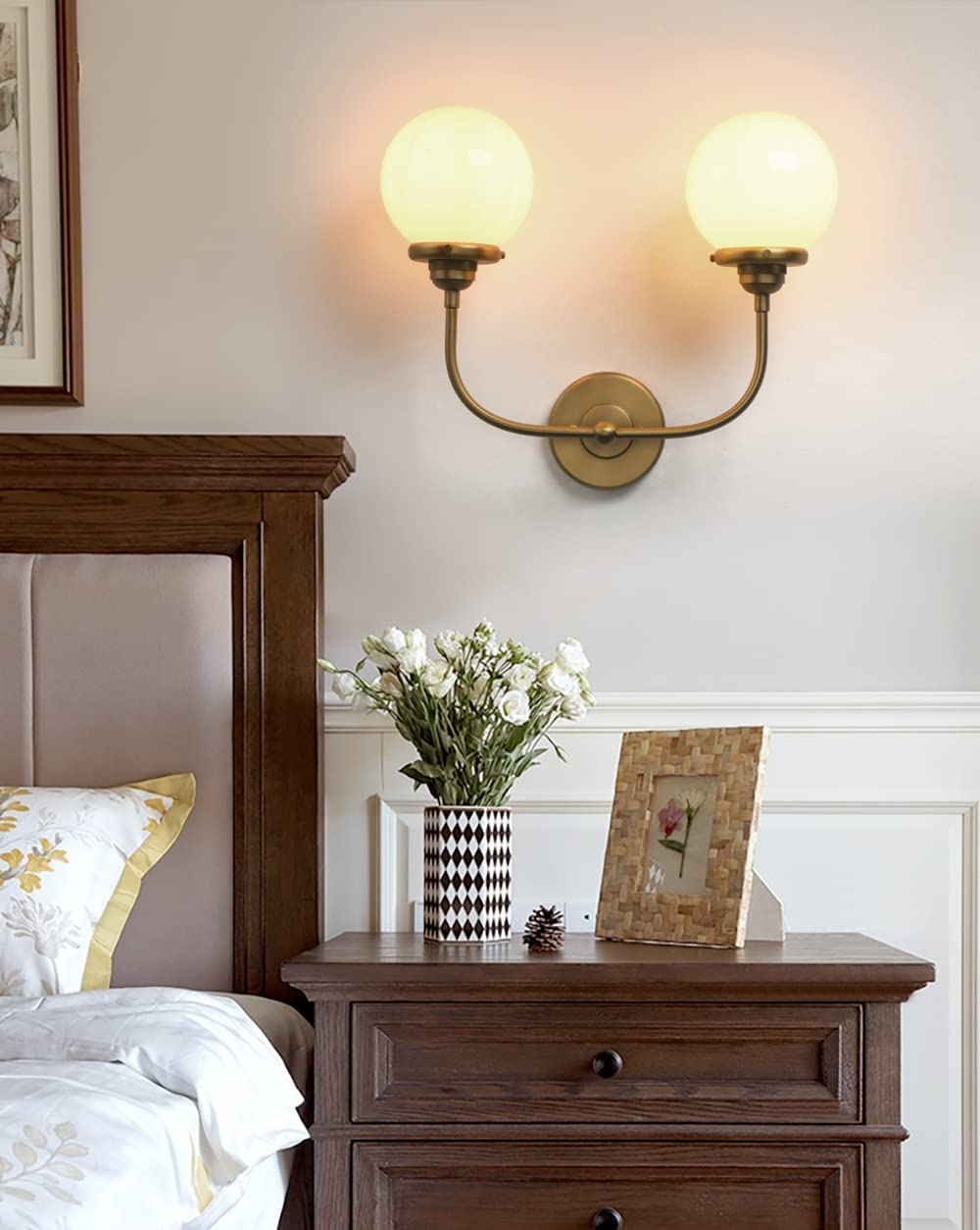 PERMO Vanity Light Sconce with 5.9in Round Milk Glass Shade, Antique Finish, 2 Lights for Bathroom, Bedroom, Living Room, Hallway