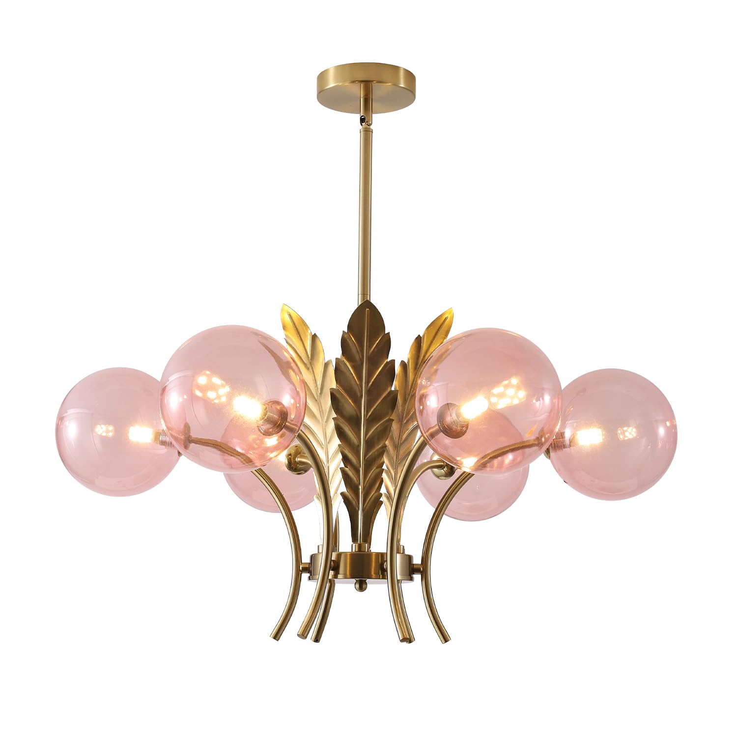 BOKT Modern Sputnik Chandeliers 6-Lights Island Pendant Lighting Fixture Mid Century Ball Chandelier with Pink Globe Lampshade G
