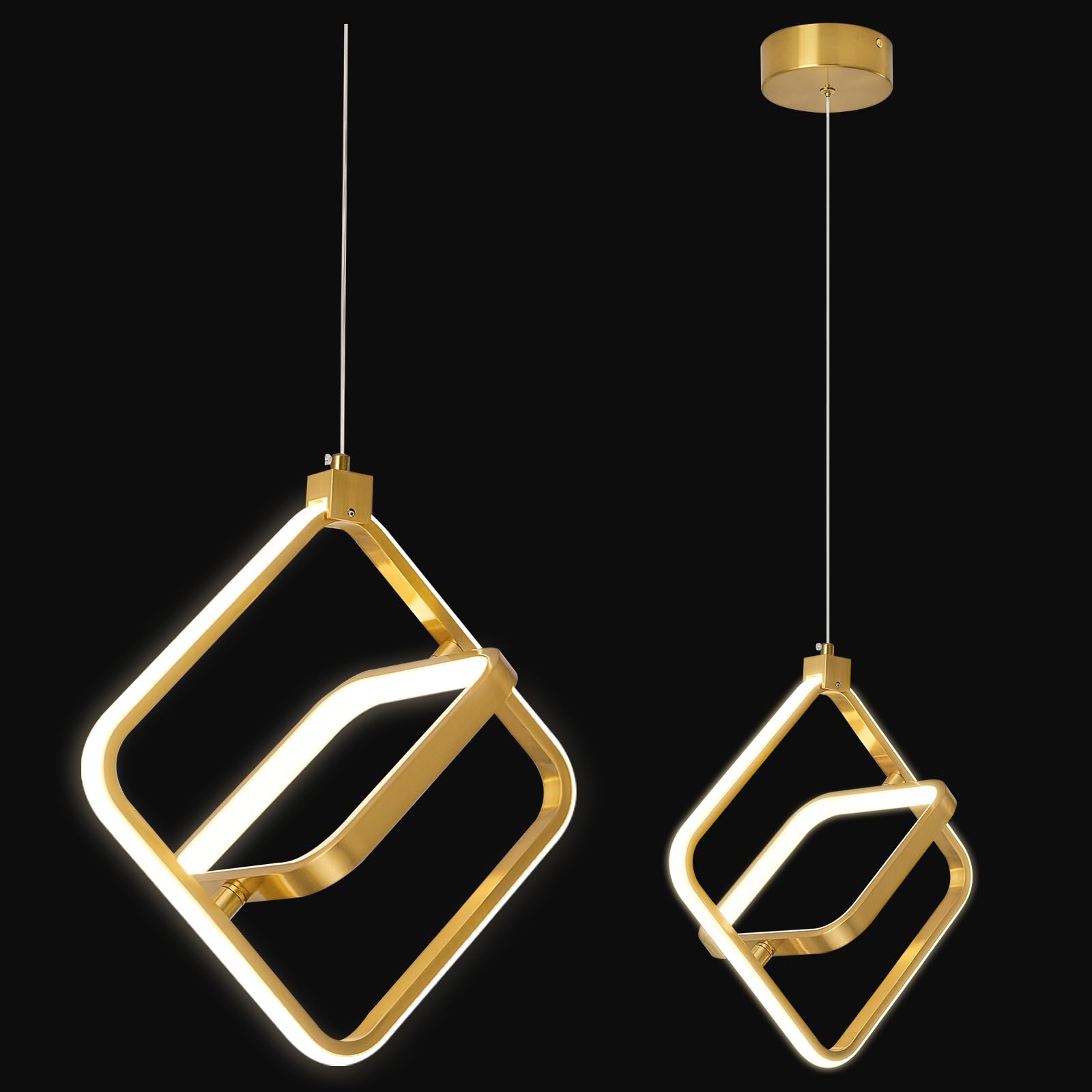 Bnhhlz Modern Led Chandelier Gold Rectangular Pendant Light Fixtures 4000K 20W Dimmable Height Adjustable Pendant Lighting For Dining Room Kitchen Island Bedroom Living Room Foyer(1-Pack)
