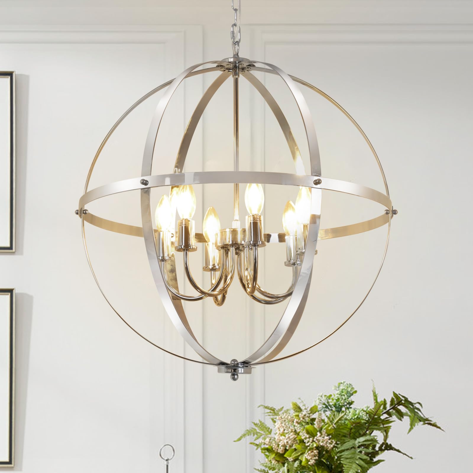 DINGLILIGHTING 6-Light Globe Pendant Light, Chrome Metal, Industrial Design, Model WS-FND5-40B-L