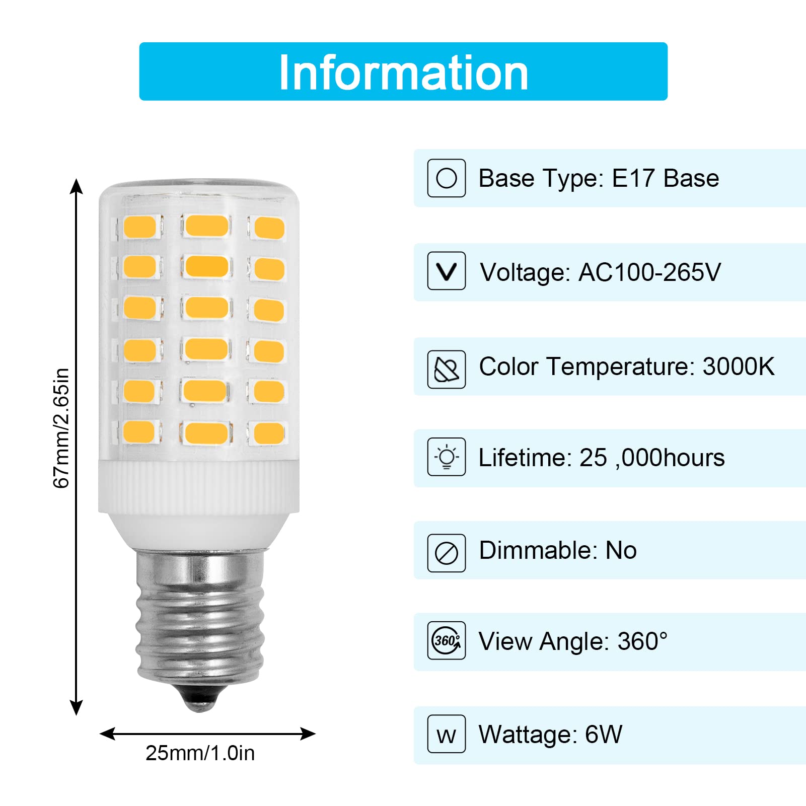 BROLSKUN Freezer LED Light Bulb 6W Soft White E17 Base 2 Pack Waterproof for Kitchen Lighting