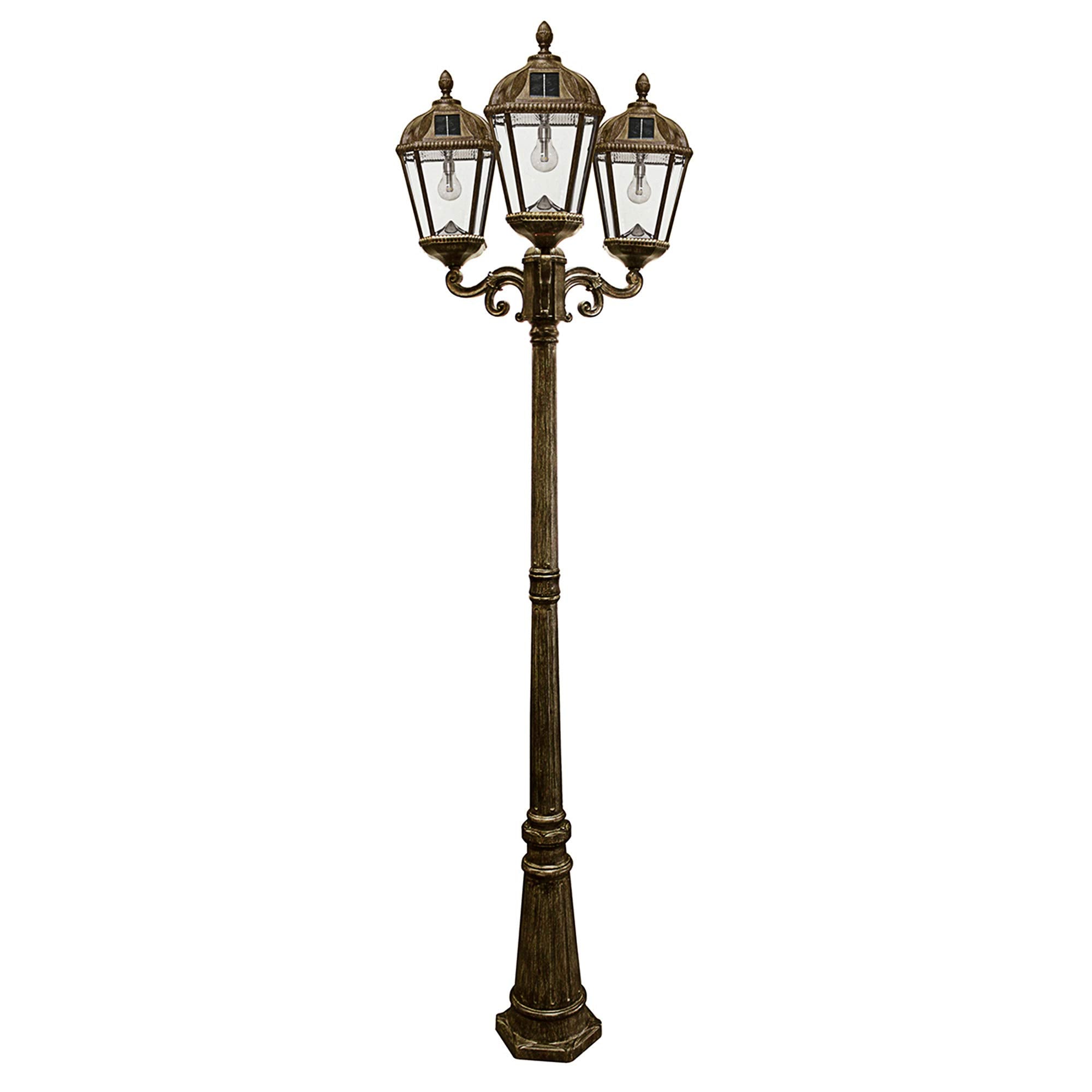 Gama Sonic Royal Bulb Solar Lamp Post Light Kit  89 inch Tall  Outdoor Triple Head Weathered Bronze Cast Aluminum  Rain Water Glass Light Pole  Warm White 2700K 98B303 (Upgraded Panel)