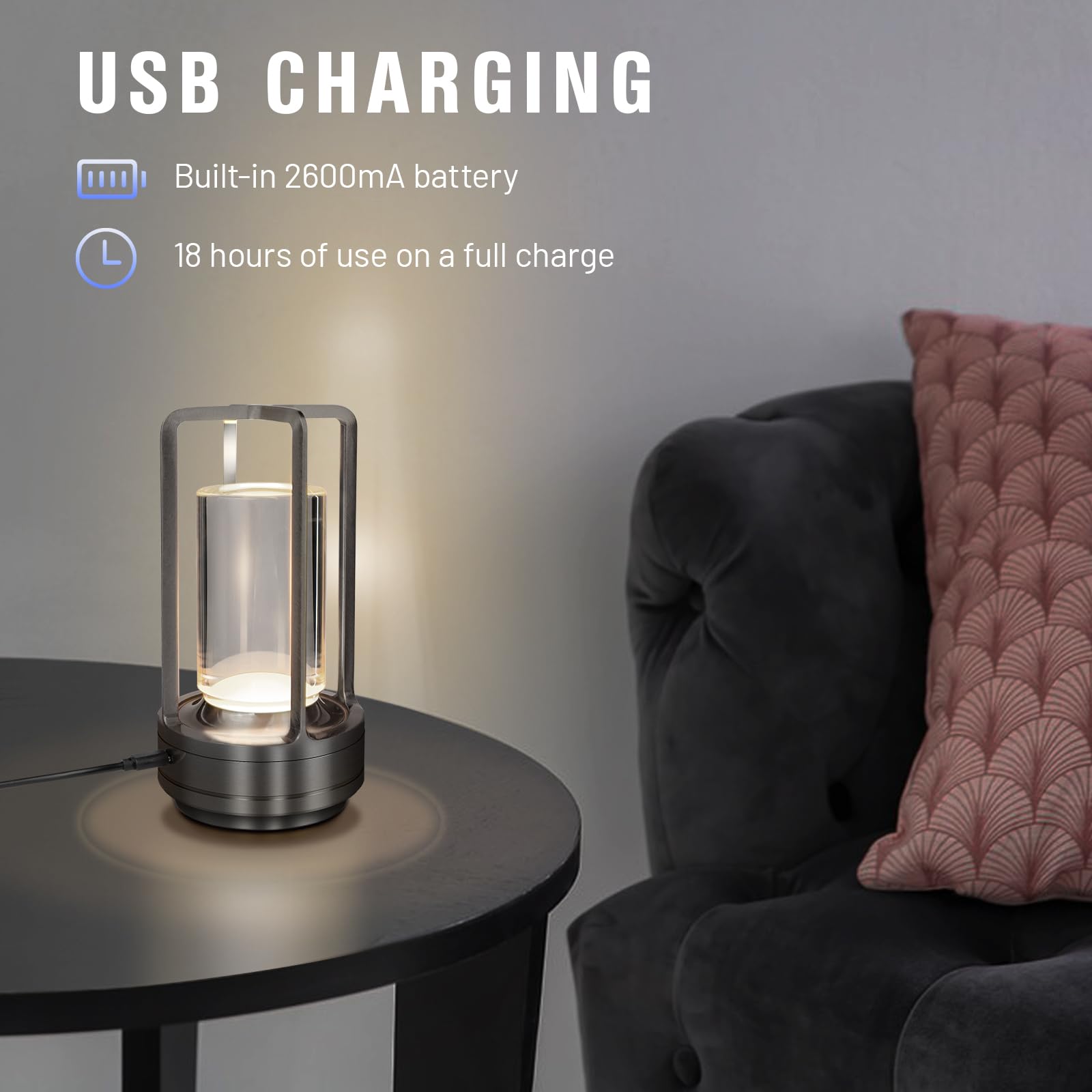 Cordless Table Lamp For Outdoor Indoor, Portable Metal Desk Lamp, Rechargeable Led Crystal Lantern Lamp, 3 Color Stepless Dimming Touch, Battery Powered Table Light For Bedroom Restaurant (Black)