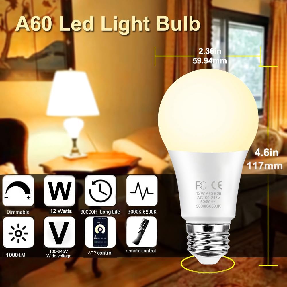 GRV Smart Light Bulb 12W A60, Dimmable 3000-6500K, 1000LM, E26 Base, 2 Bulbs + 1 Remote,