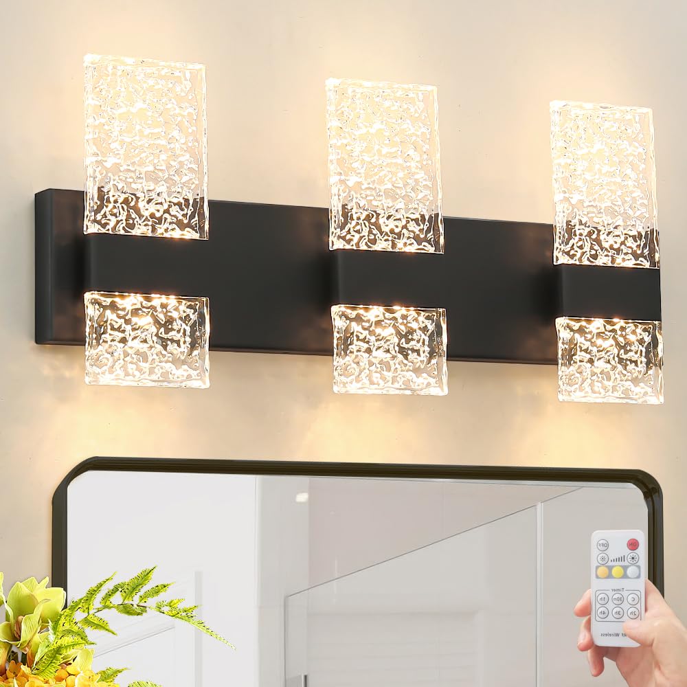 Modern Matte Black 6-Lights Bathroom Vanity Light  Eleglant Black Led Bathroom Light Fixtures Over Mirror  Dimmable Acrylic Shade Wall Lighting Fixtures  Hardwired Wall Light(H9.25In  L21.26In)
