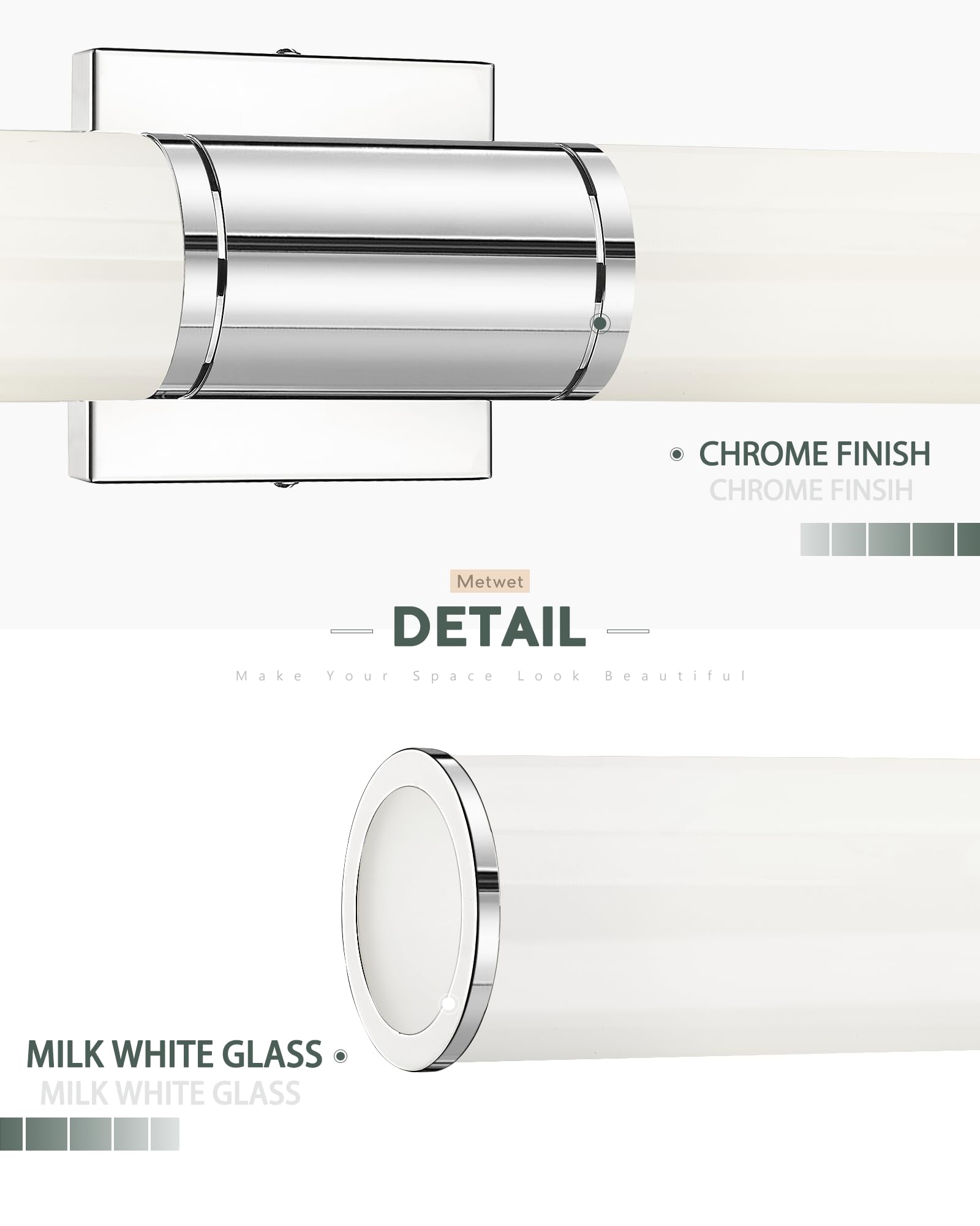 METWET Bathroom Vanity Light Fixture, Chrome Wall Sconce with Milk Glass, Modern Up/Down Mount Lamp for Bathroom, Bedroom, Kitchen, VL834-CH-ML