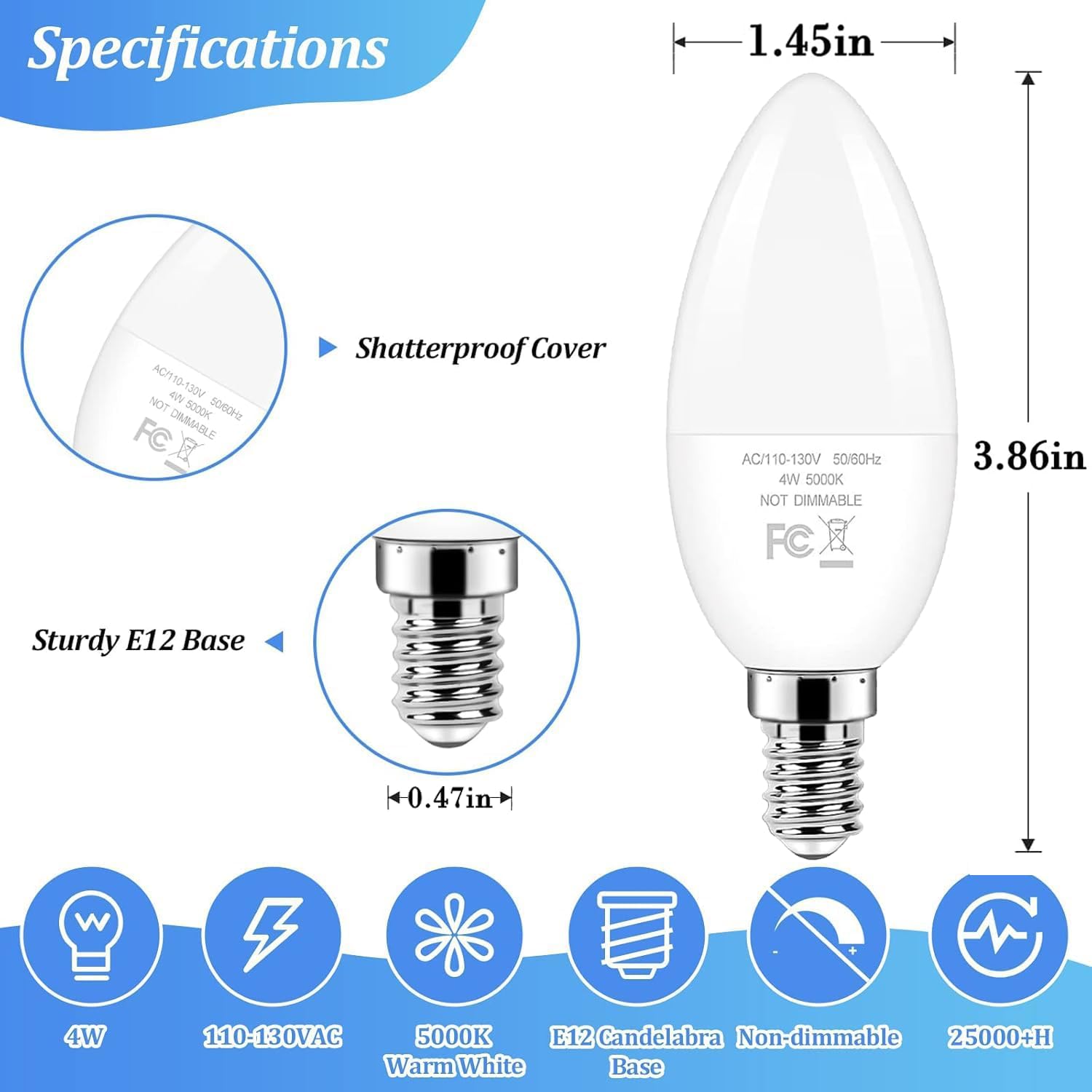 Brightever Candelabra LED Light Bulbs, 4W, Daylight White 5000K, E12 Base, Non-Dimmable, 6 Count Pack