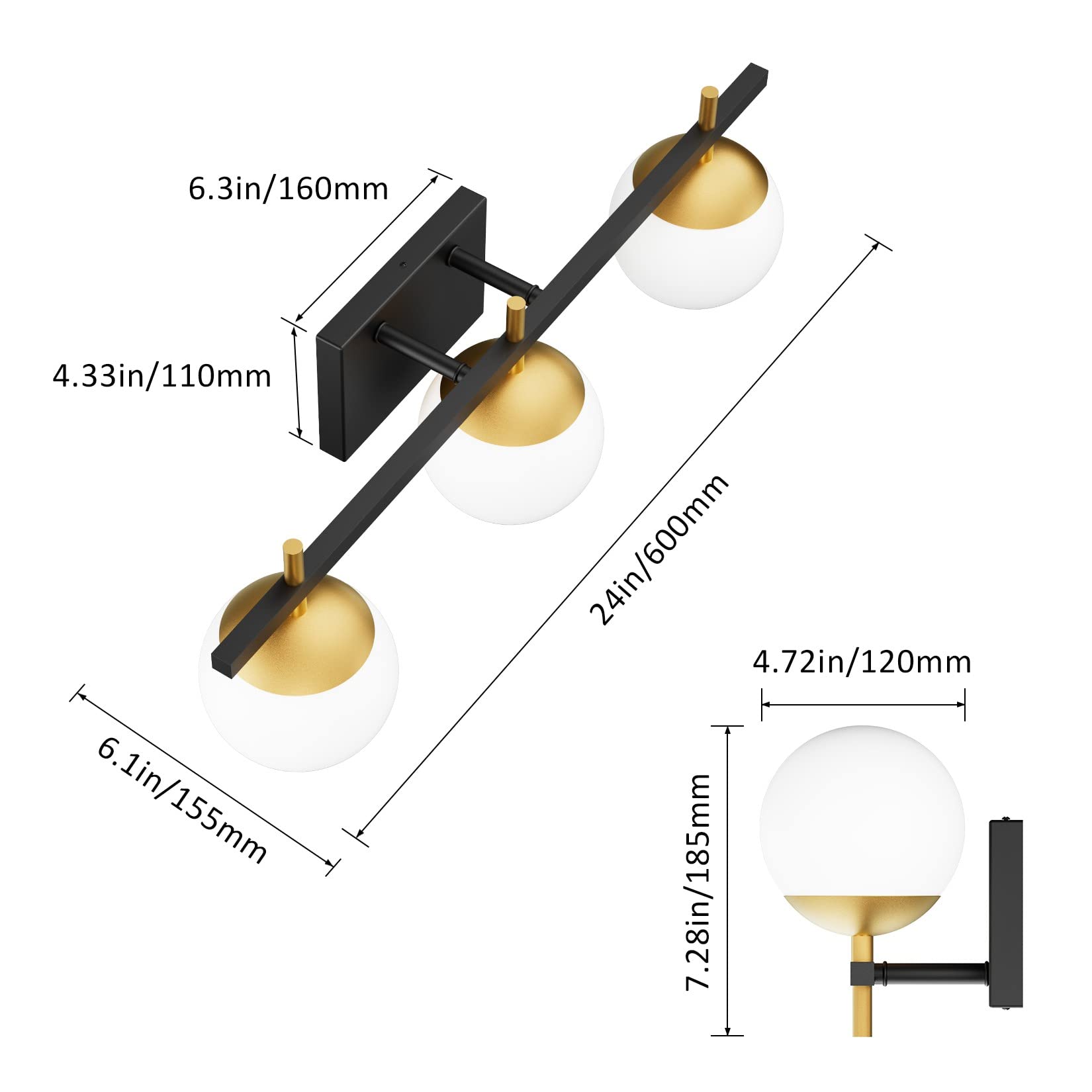 Ralbay 3-Light Mid Century Modern Bathroom Vanity Lights, Black/Gold Metal Fixture, Milky Glass, Model 1100, Excludes Bulb