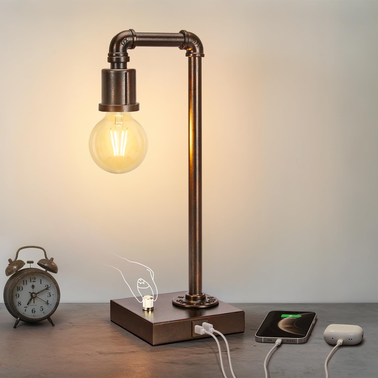 Seaside Village Industrial Table Lamp, Fully Dimmable, Antique Bronze, Metal, 5.59in x 5.59in x 16.14in, Includes 6W LED Bul