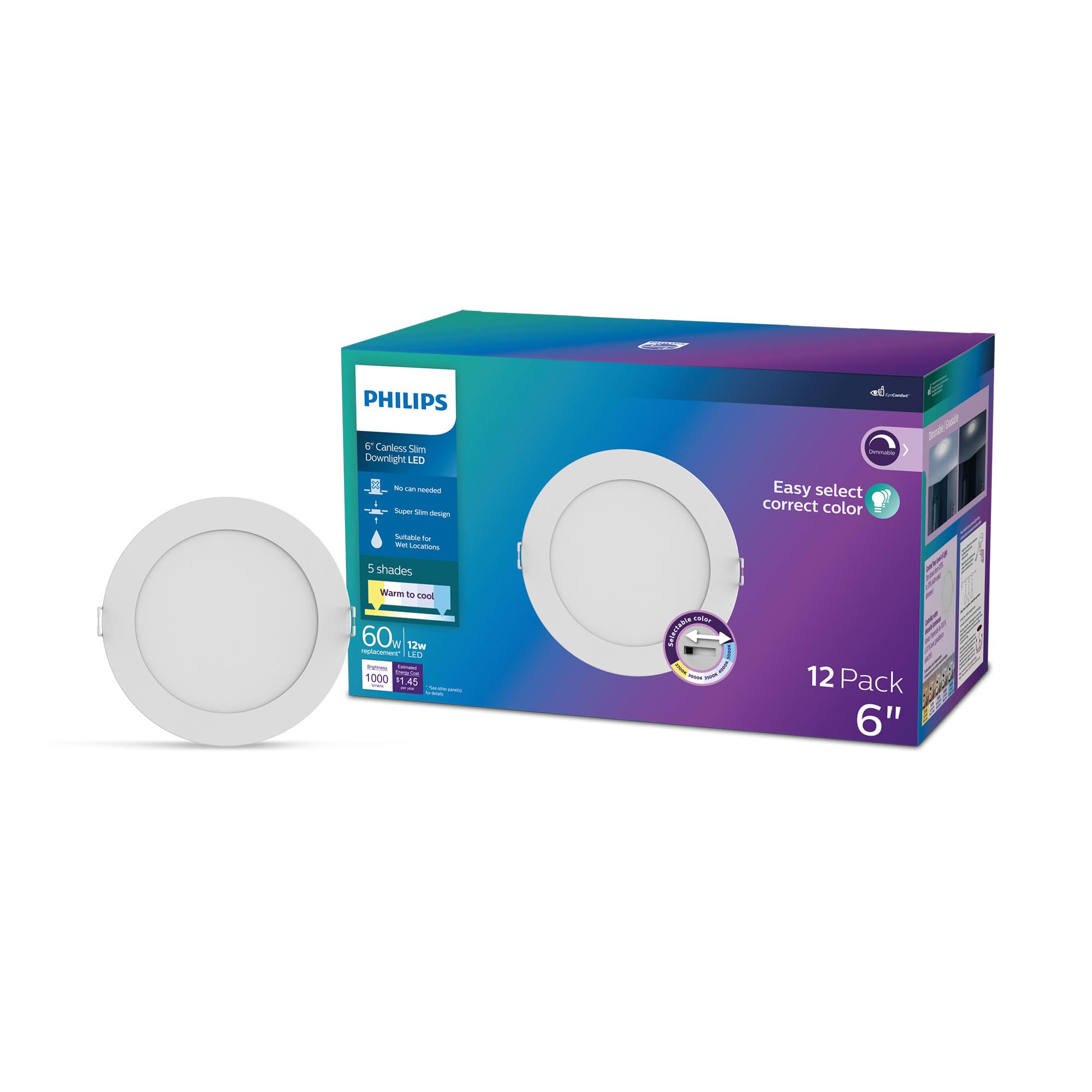 Philips LED Slim Canless Downlight, Dimmable, Wet Rated, 1000 Lumens, Selectable White, 12 Pack, Model 588087