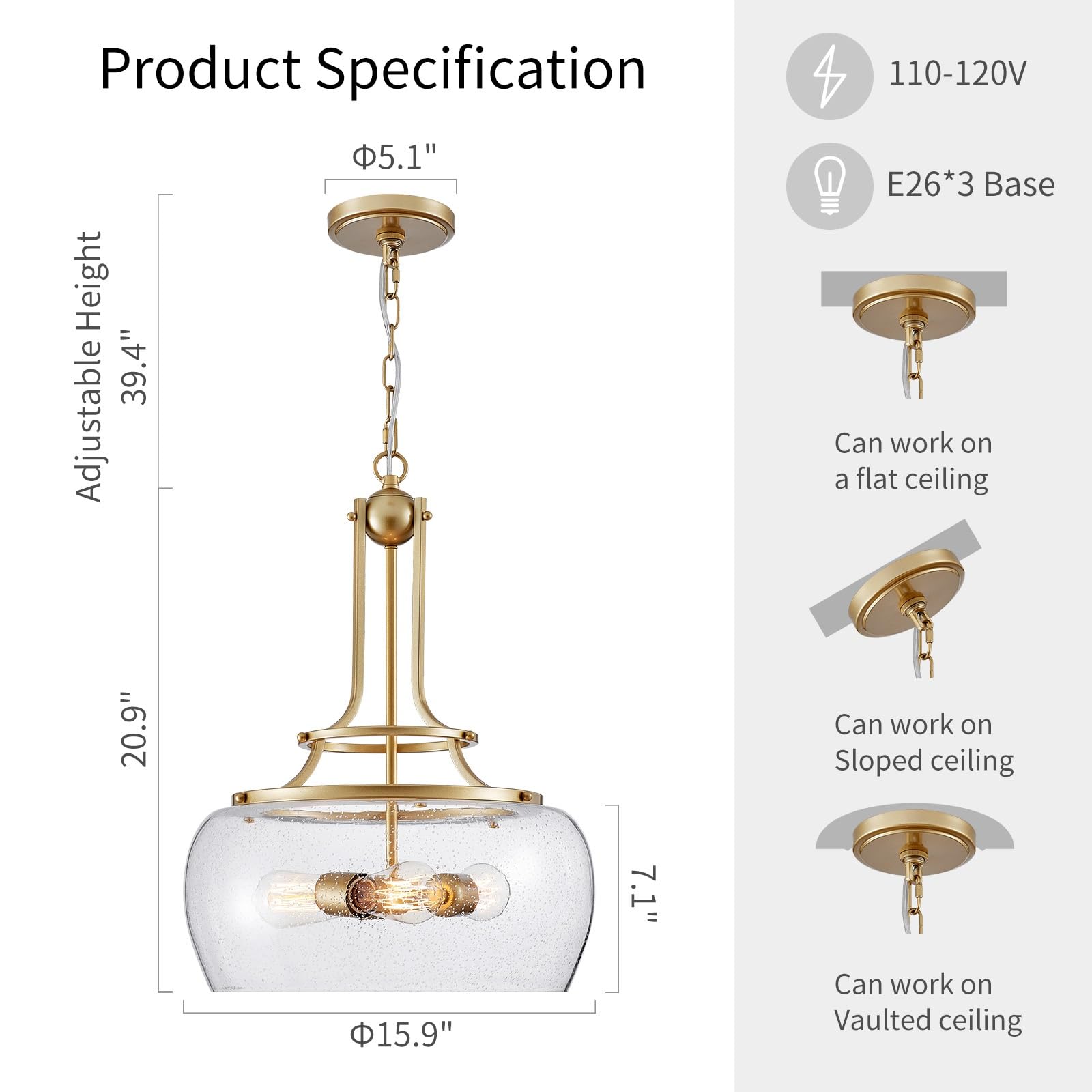 Wuzups 3-Light Gold Pendant Chandelier - Rustic Farmhouse Led Light Fixture With Glass Shade