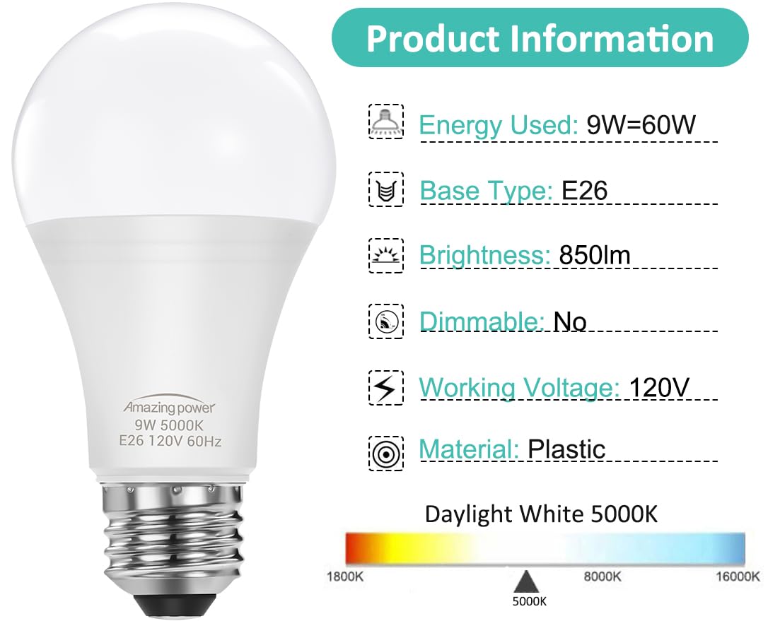 Amazing Power E26 Led Bulbs, 60W Equivalent Medium Base Light Bulbs, 9W Led Bulbs, Daylight White 5000K 4-Pack