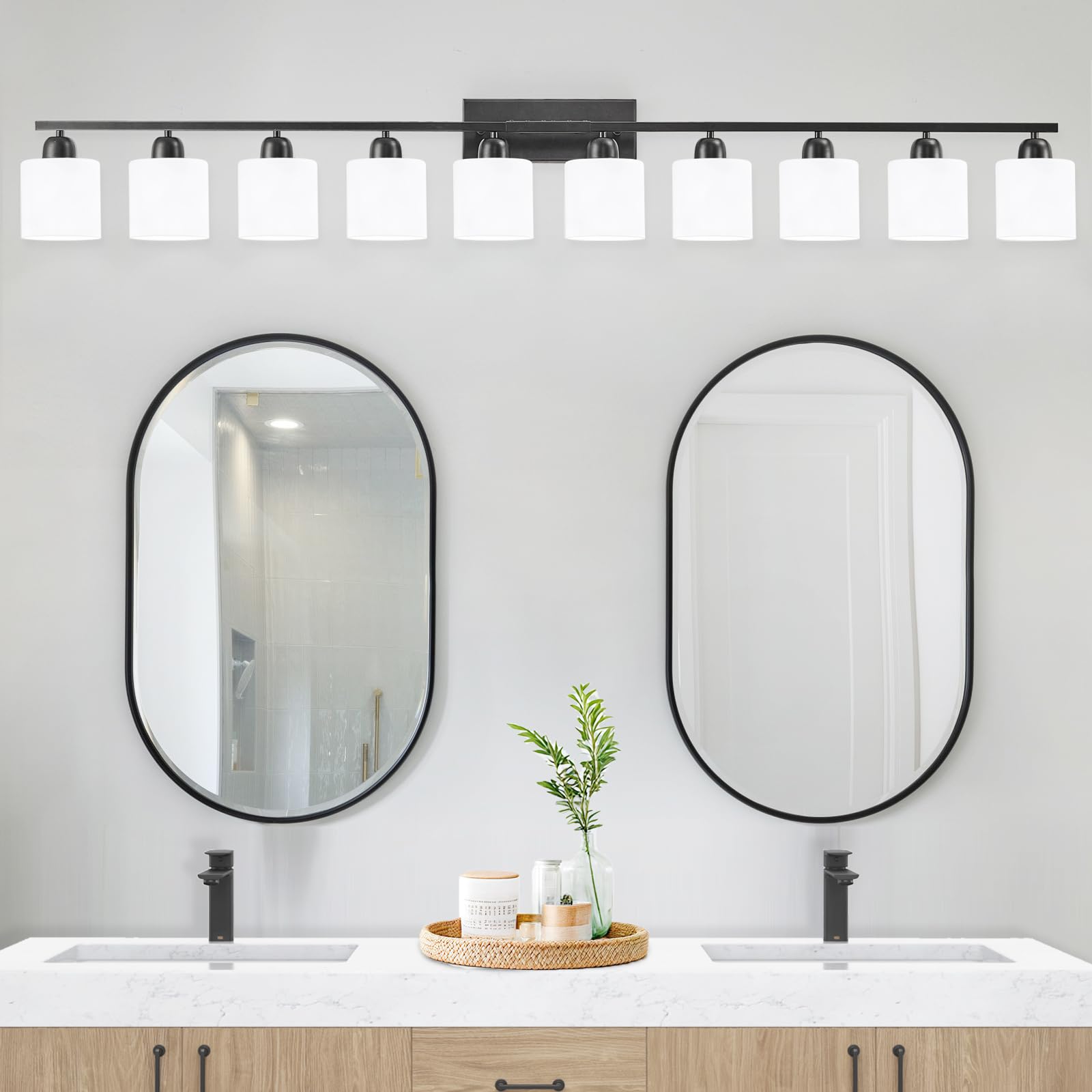 FAISHILAN 10-Light Black Bathroom Vanity Light Fixture, Milky White Frosted Glass Shades, E26 Base, 65 Inch, Model FSL-212--NBH-10
