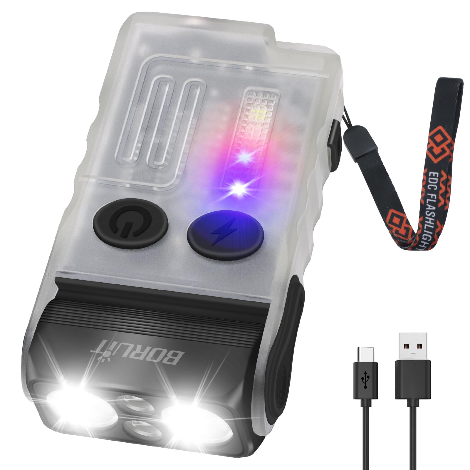 BORUIT V20 Flashlight, 1000 LM Super Bright, USB C Rechargeable, 180° Head Swivels, Red Light Version, White, with Clip and Keychain