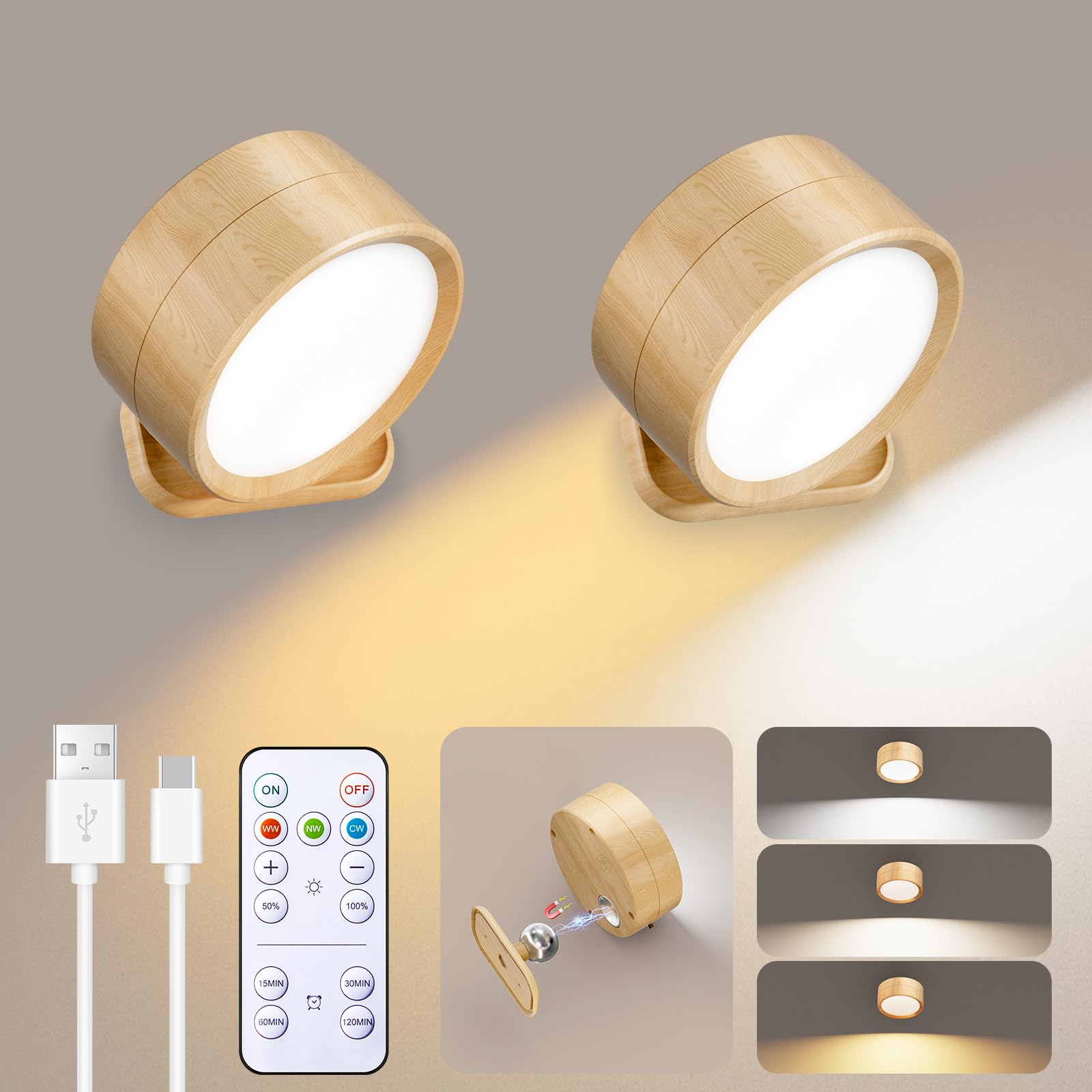 Brightown Led Magnetic Wall Sconce Lights, 2 Pack Usb Rechargeable Wall Mounted Lights With Remote, 3 Lighting Colors And Dimmab