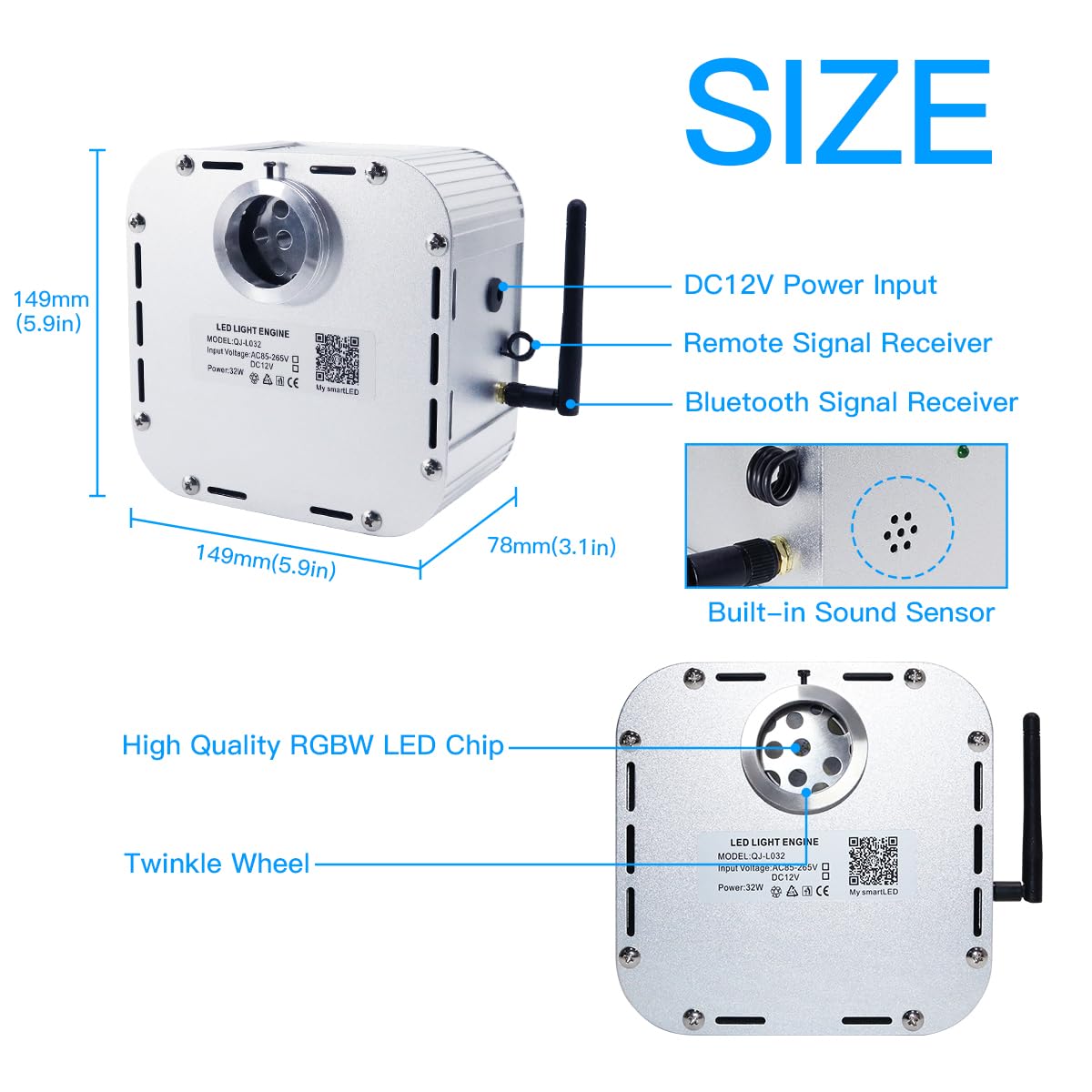 AKEPO Fiber Optic Light Engine, Bluetooth Control, Music Activated, 32W Twinkle, Multicolor, Model QJ-L032