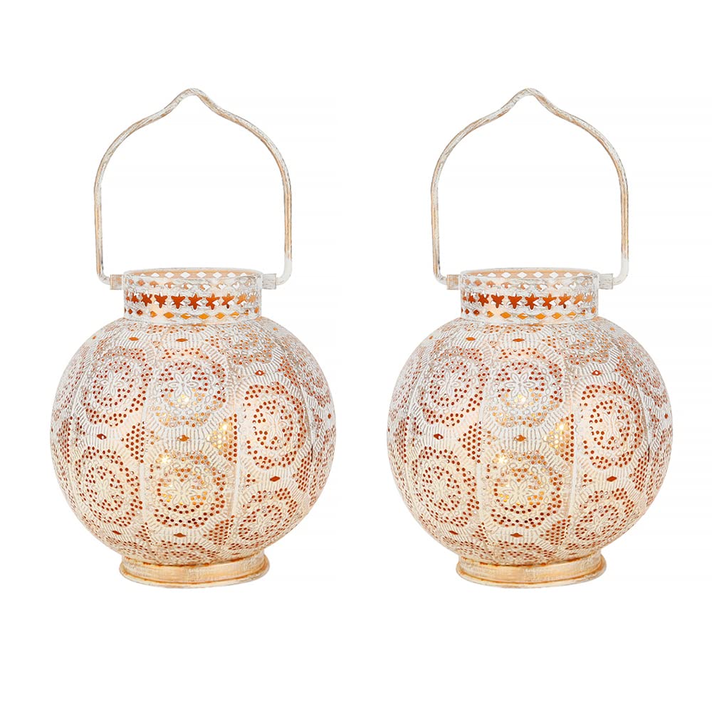 TRIROCKS Moroccan Decorative Lamps Set of 2, 7in  High, Battery Powered, Metal, White, Model 9173-R, Indoor/Outdoor Tabletop Lights