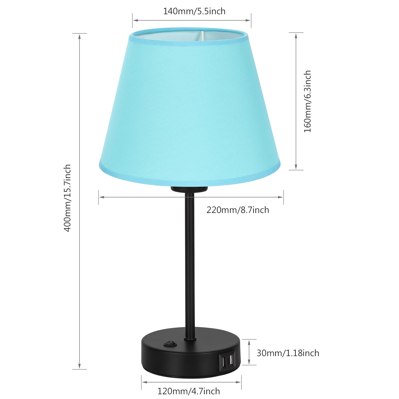 Js Nova Juns Set Of 2 Table Lamps With Usb Ports, Bedside Nightstand Lamps With Blue Fabric Shade For Bedroom Living Room Study