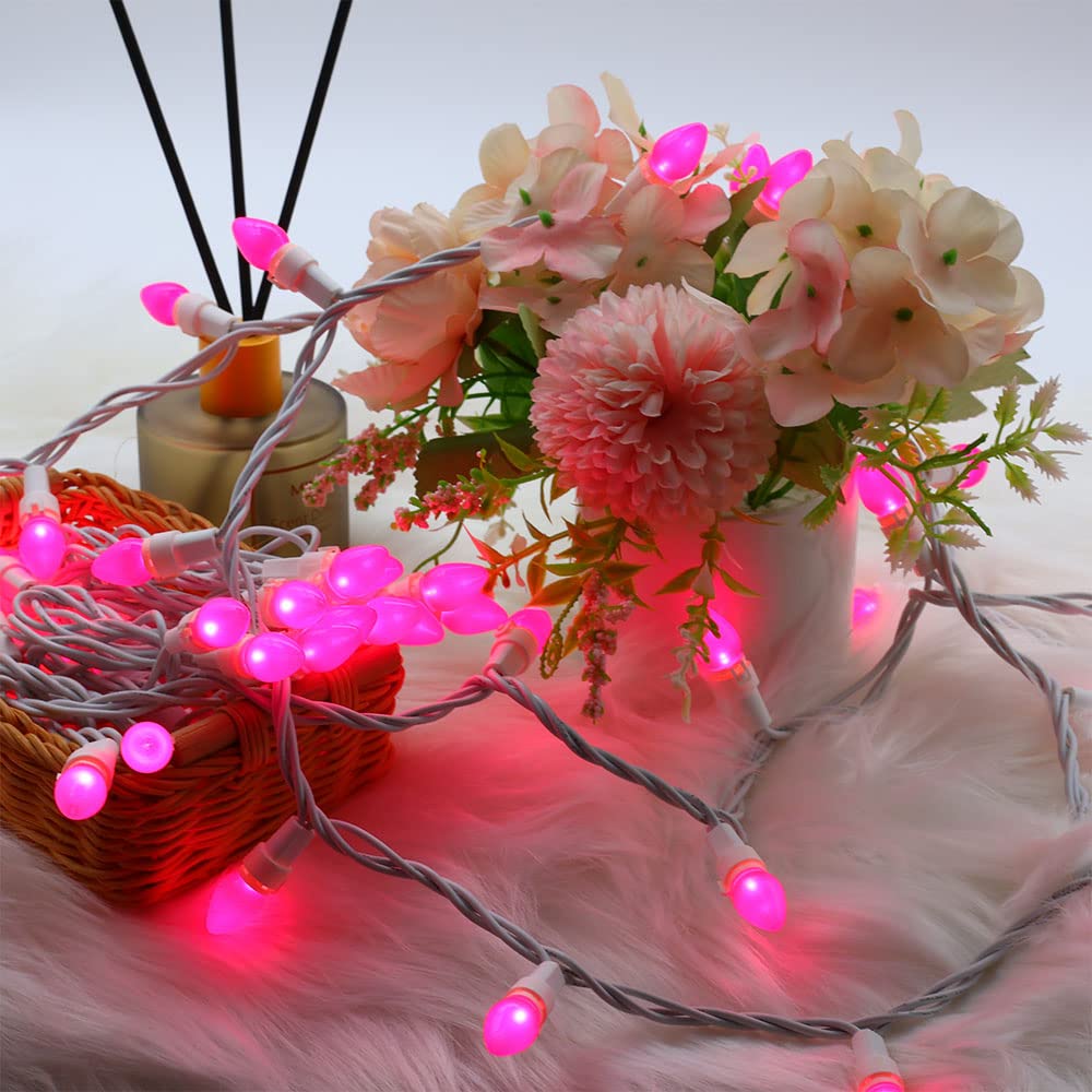 Novrose Christmas Pink Mini String Lights-50 Count 13 Feet Detachable Led Glass C3 Bulb Waterproof Fairy Lights Plug In For Indo