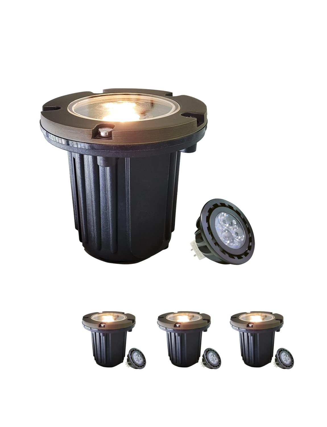 MALORY Brass Top Cover Landscape Well Lights  (4.6H) 12V Low Voltage Outdoor In Ground Lights Landscape Lighting for Pathway  Driveway and Garden 4-Pack with MR16 Bulb (Flat Top)