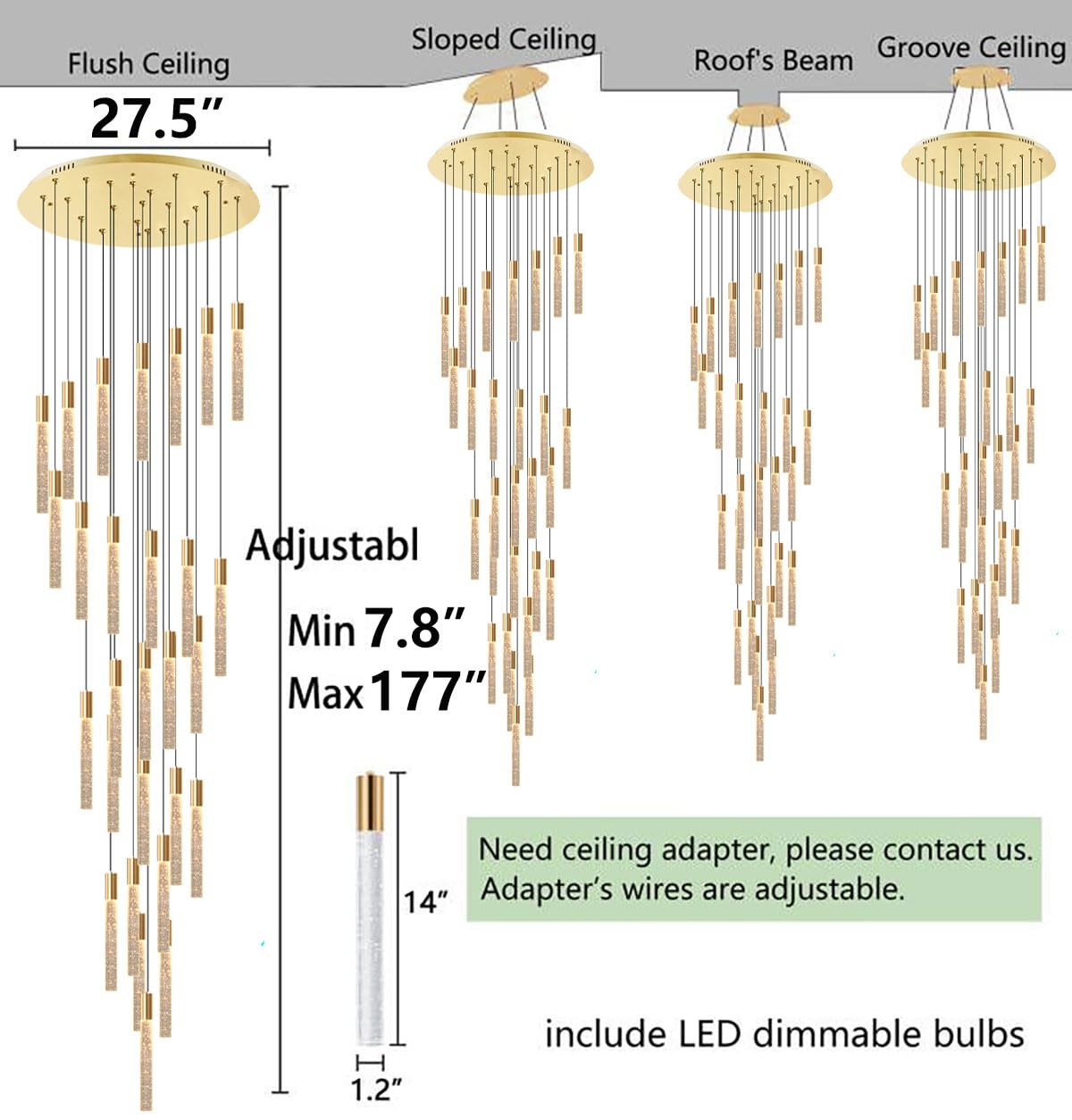 Haixiang 14.7 Foot High Ceiling Chandelier For Entryway Modern Crystal Lights For Living Room Foyer Flush Mount Sloping Ceiling