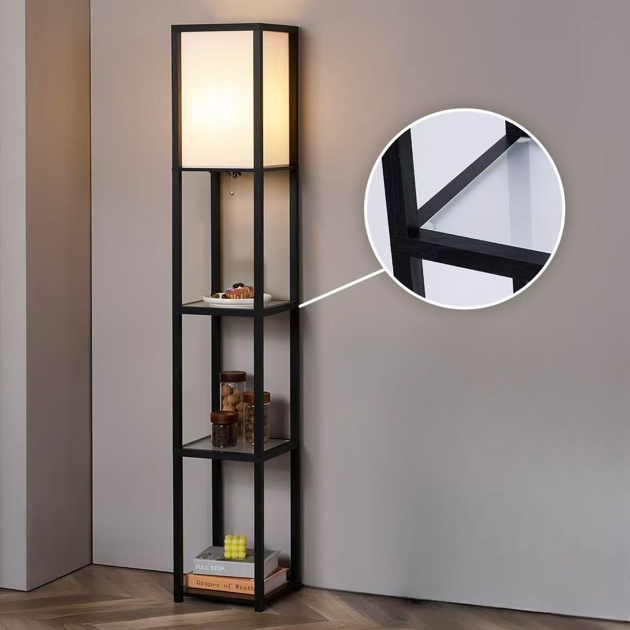 Mitelson Floor Lamp With Shelves, Modern Square Standing Lamp With Glass Shelves, Corner Display Shelf With Light, Tall Lamp Wit