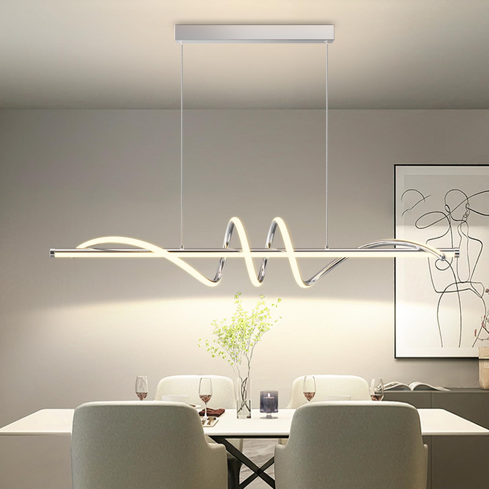Zihoi Modern LED Pendant Light Fixture, Dimmable 3000K-6000K, 47in Aluminum, Chrome Silver, Model LX