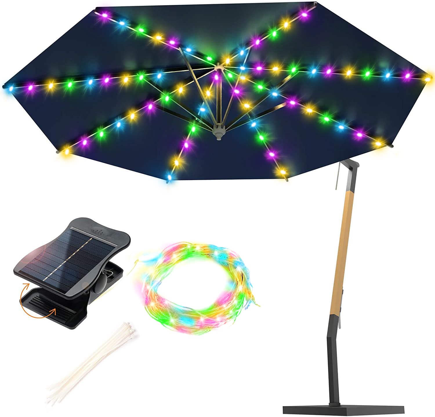 VOOKRY Solar Umbrella Lights Outdoor, Waterproof Solar Powered Patio Umbrella Lights 8 Strands Cordless 8 Modes LED Umbrella Pat
