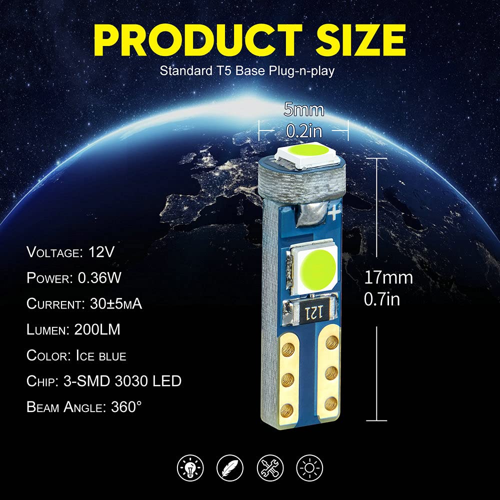 Dodofun Ice Blue T5 37 74 Led Bulb With Twist Lock Socket Pc74 Pc37 Dashboard Instrument Panel Gauge Cluster Light Pack Of 10