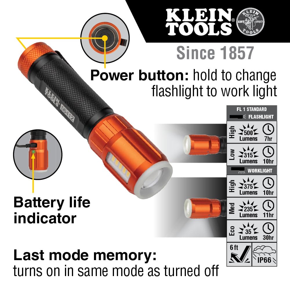 Klein Tools Rechargeable LED Flashlight, 500 Lumens, USB-C, Black, Model 56412, Anodized Aluminum, Pocket Clip, Magnet