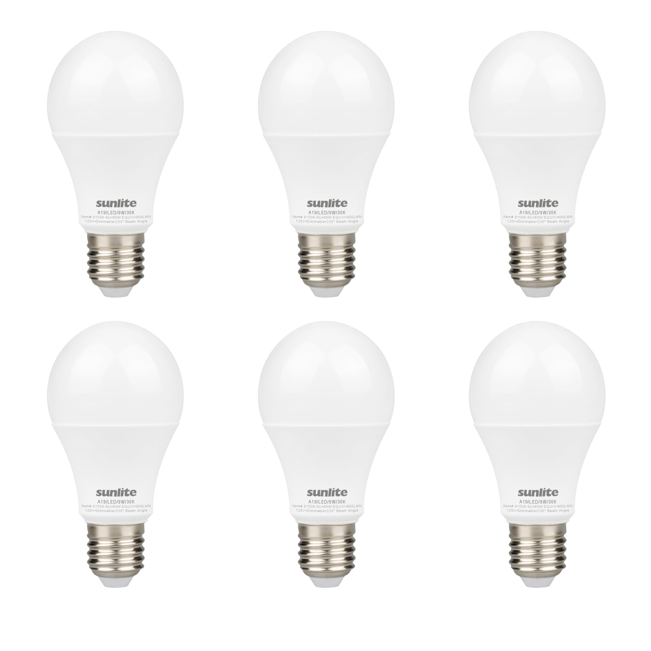 Sunlite LED A19 Light Bulb, 9 Watts, Dimmable, 800 Lumens, 120V, 3000K Warm White, E26 Base, 6 Pack,
