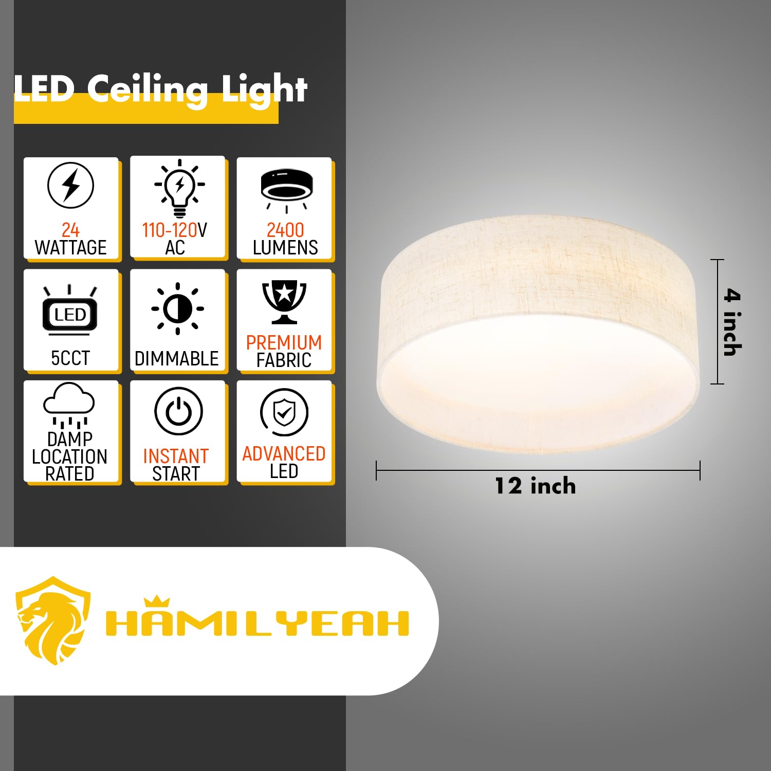 Hamilyeah 24W Led Ceiling Light, 12&quot; Dimmable Fabric Shade Fixture For Kitchen & Living Room