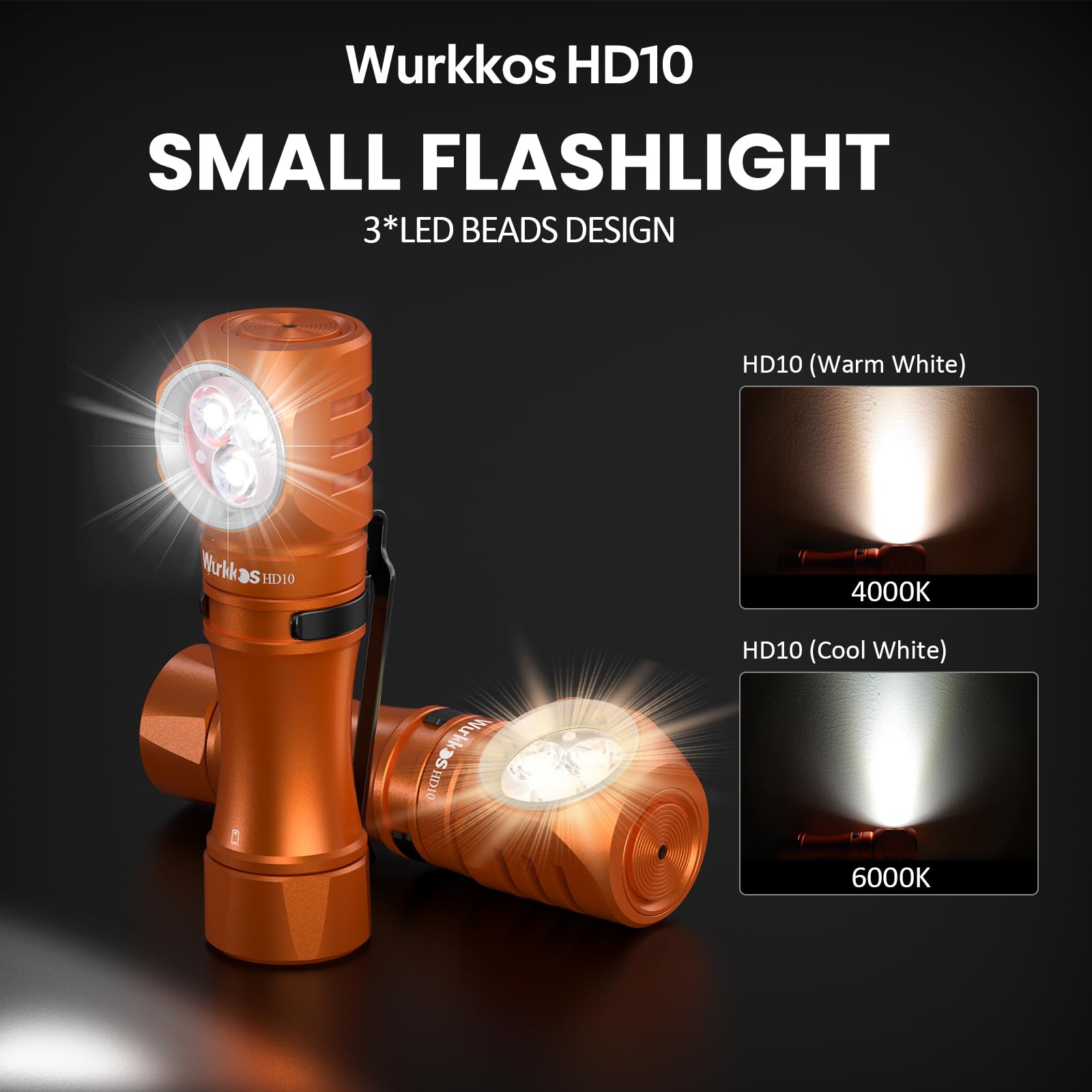 Wurkkos Rechargeable Flashlight 1200 Lumens Right Angle Aluminum Orange 6000K HD10