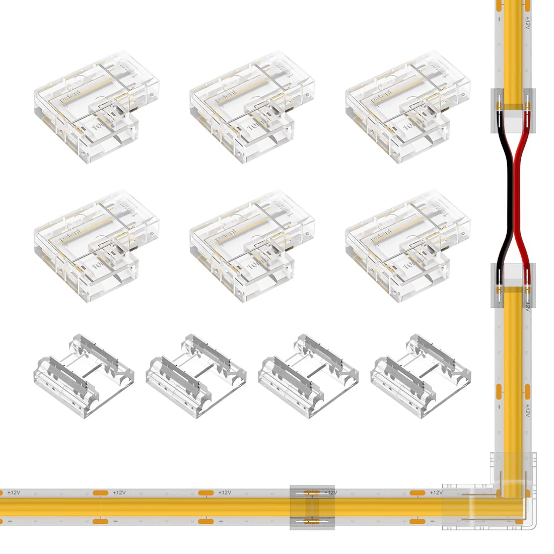 BTF-LIGHTING COB 10mm/0.39in Width LED Connector Kit 6Pcs 2 Pin Transparent Gapless L-Shaped 4Pcs 2Pin Strip to Strip Connectors