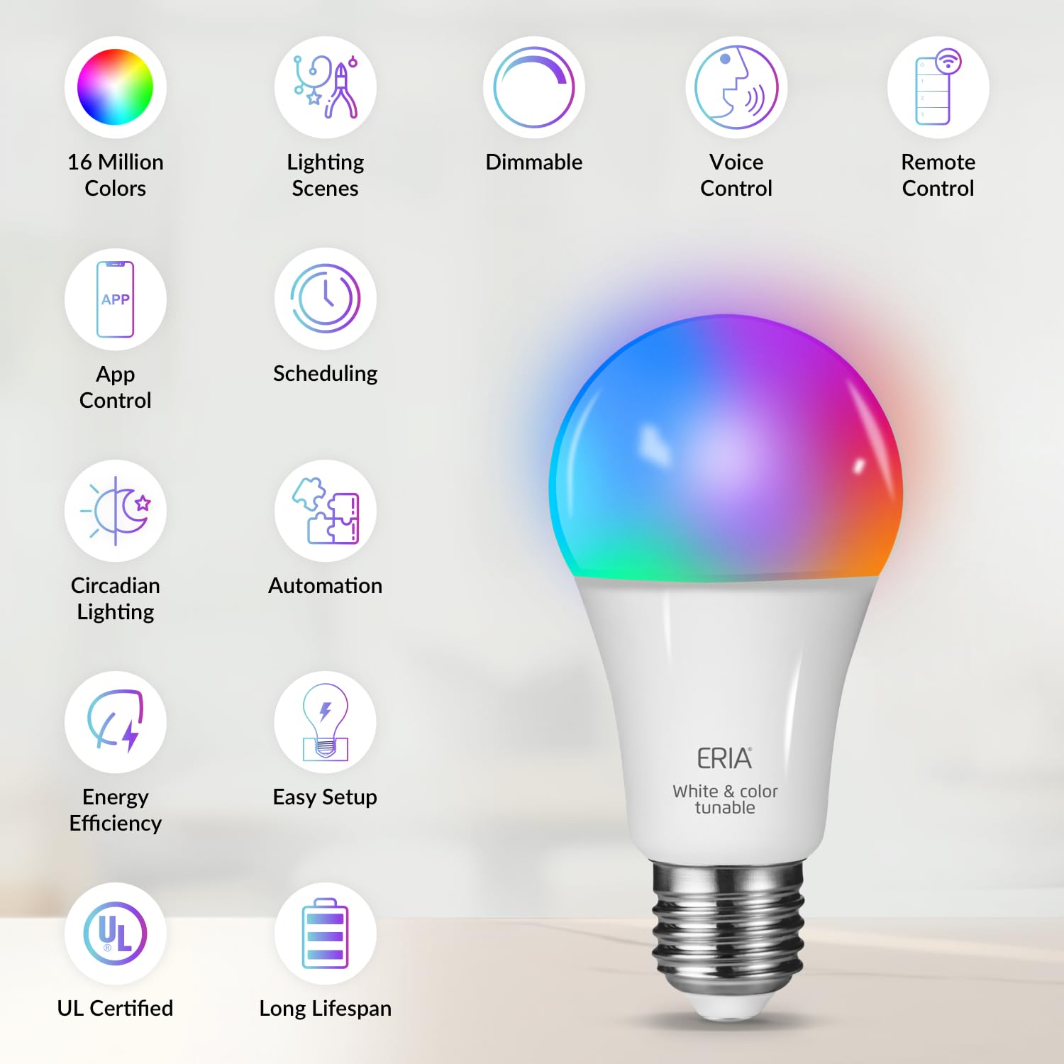 Eria Zigbee Colors And White A19 Smart Bulb, Hub Required, Compatible With Eria, Hue*, Amazon Echo (4Th Gen), Echo Show, Echo Hu