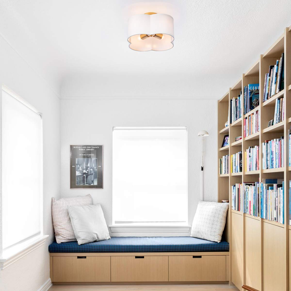 Viluxy Modern Flush Mount Ceiling Light Fixture Farmhouse White Fabric Semi Ceiling Lamps With Gold 4 Lights Drum Shade For Bedr