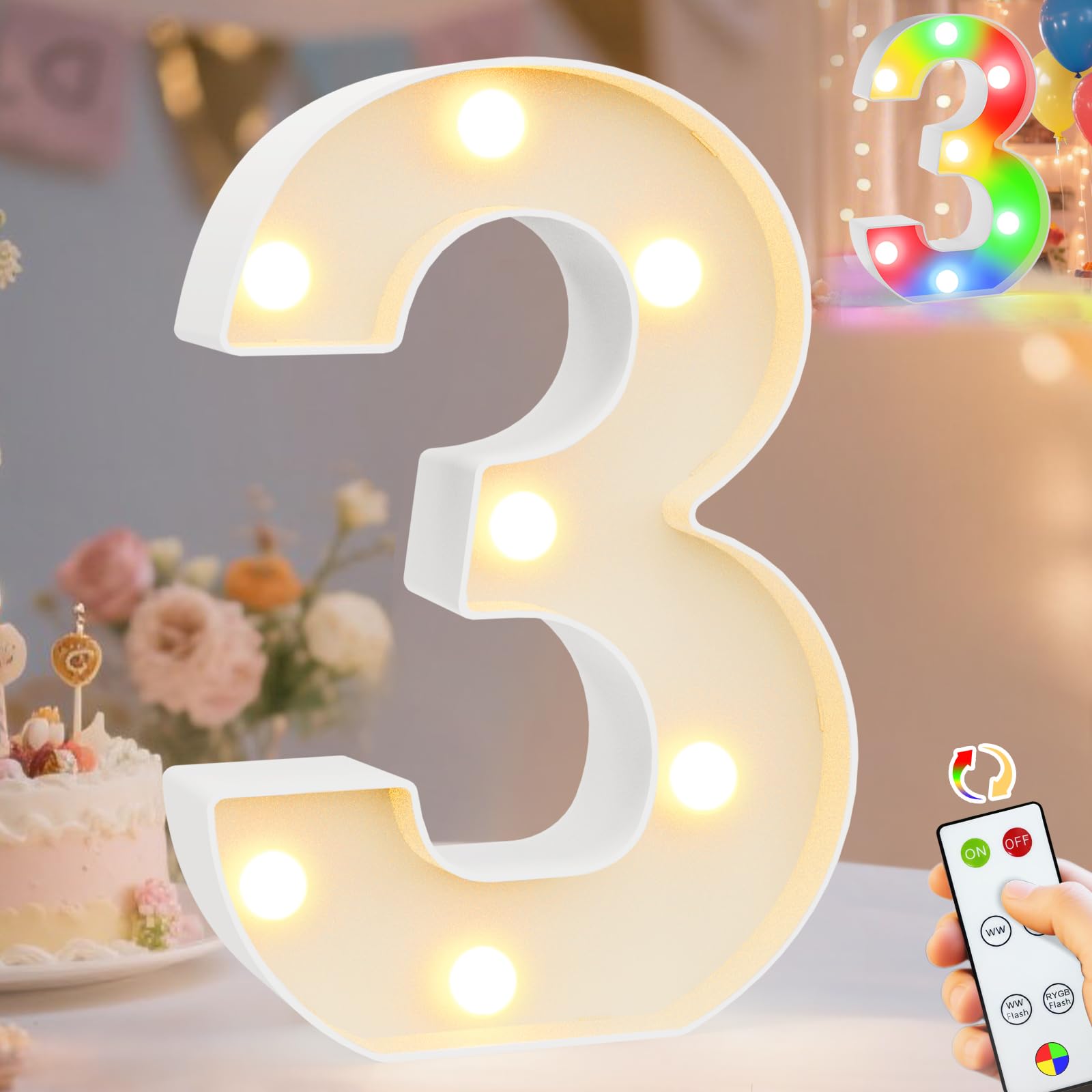 Pooqla Led Light Up Numbers 3  Warm White And Colorful Lighted Marquee Numbers With Remote  Lighted Numbers For 3Rd 13Th Birthday Decorations  Gift For Girls Boys Her Him Anniversary Home Party Decor