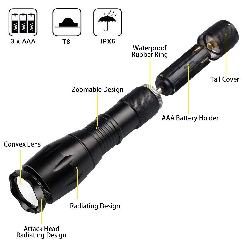 4 In 1 Multicolor Flashlight, 300 Lumen Zoomable One Mode White Red Green Blue Light, Hunting Flashlight