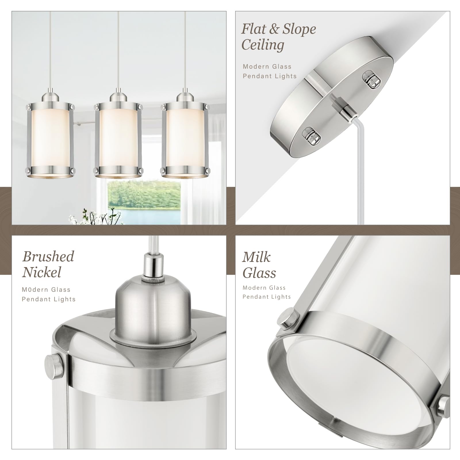 Osimir Brushed Nickel Pendant Lights Kitchen Island, 1-Light Modern Mini Hanging Light Fixtures With Milk Glass, Farmhouse Kitch