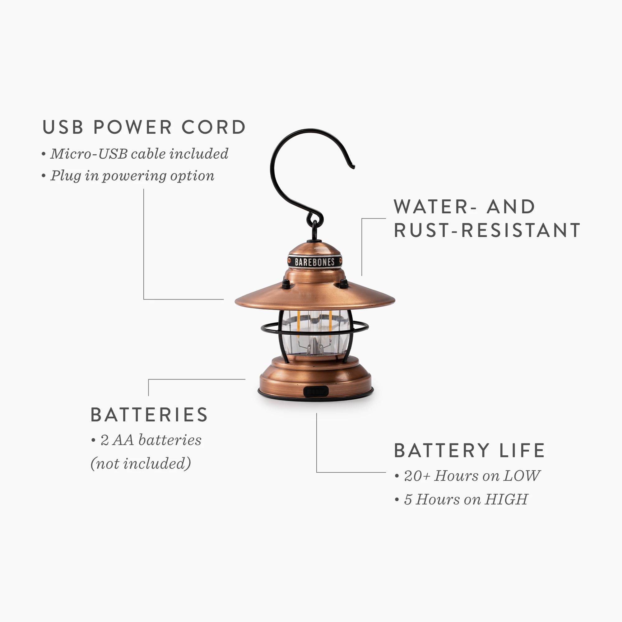 Barebones Edison Mini Lantern - 3 Packs Copper, Vintage LED Camping Lantern with Adjustable Brightness - Compact Weatherproof Ou