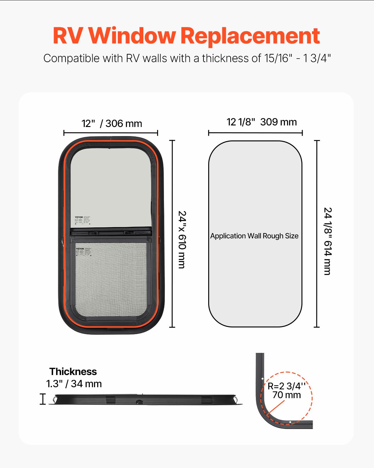 VEVOR Vertical RV Window, 12 W x 24 H Tinted Sliding RV Window with Net Screen & Trim Ring, Fit 15/16 - 1 3/4 Thickness Wall, RV