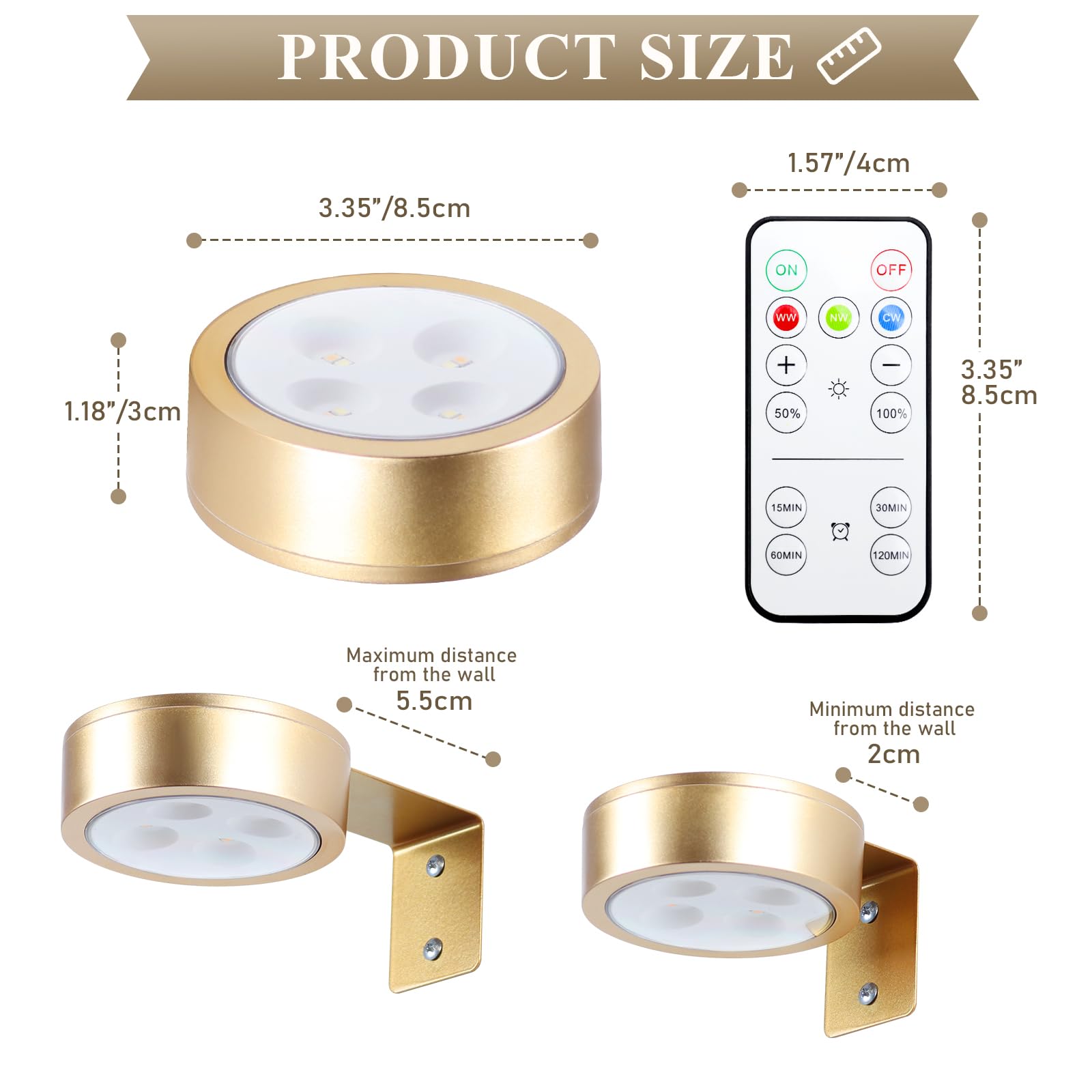 KELUOLY Picture Light 2-Pack, Battery Operated, Dimmable with Remote, Gold, Model BQ3S-2J