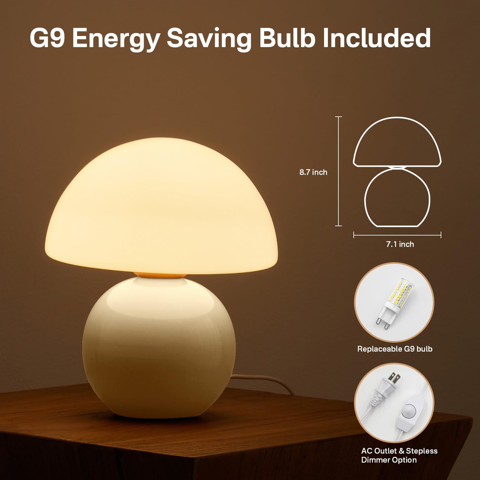 Dawnwake Mushroom Table Lamp for Bedroom, Cream, Small, Model TD3003, Cute Mini Modern Mid Century Design, Unique Aesthetic Decor