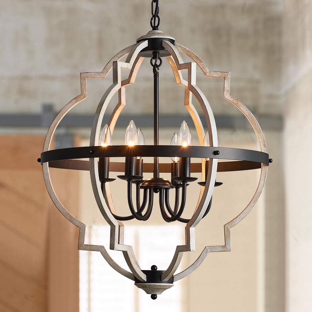 Bestier Orb 6-Light Chandelier Rustic Vintage Globe Farmhouse Chandelier in Black Metal White Distressed Wood Color Painted Fini