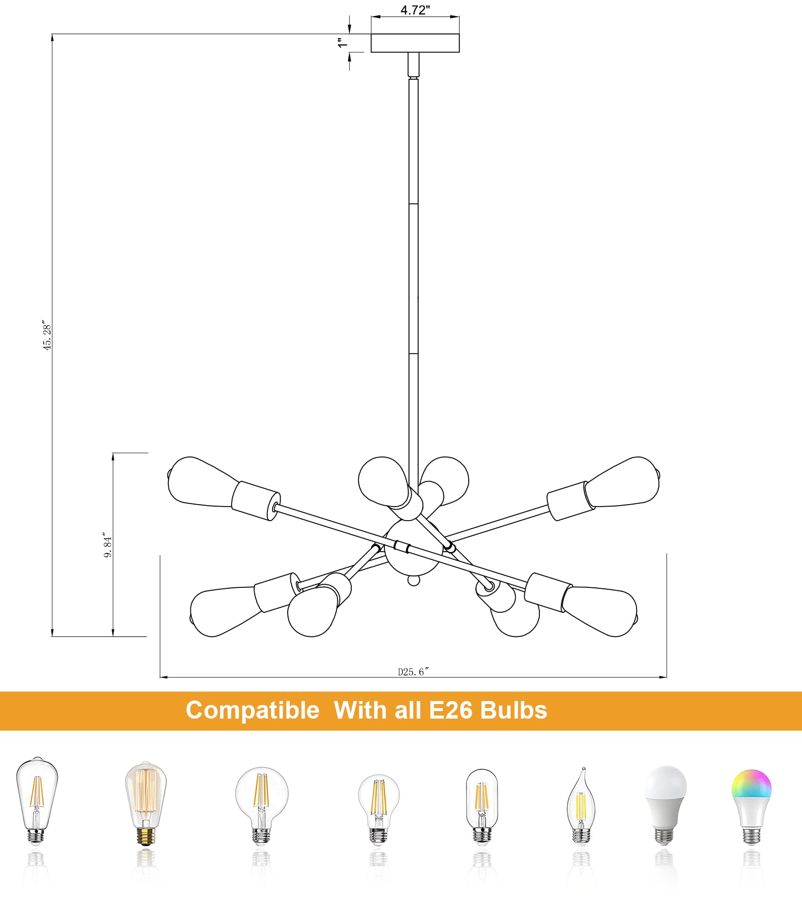 MEIXISUE Modern Sputnik Chandelier, 8 Lights, Rectangle, Black and Gold, UL Listed, Model MX-P2130-8GD for Dining Room, Kitchen, Living Room