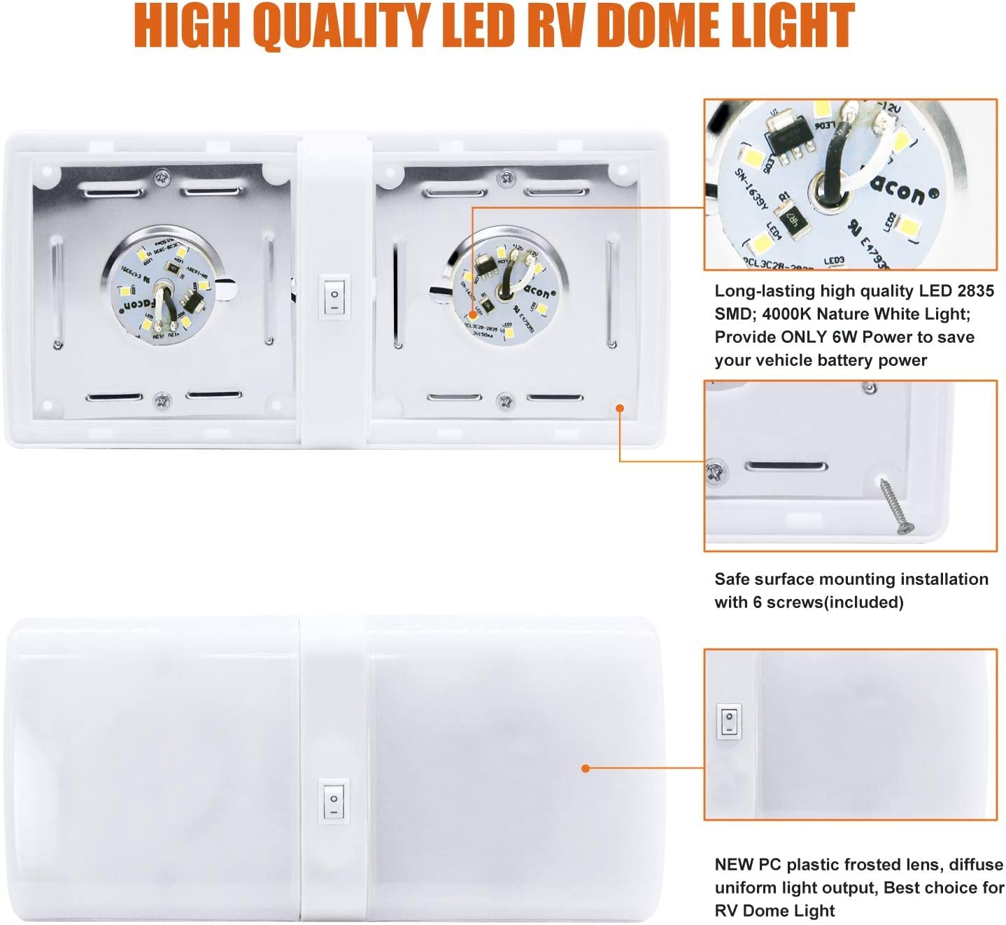 Facon 12V LED RV Ceiling Lights with PIR Sensor, Double Dome, 4000K, L 9in  x W 4in  x H 1in , Model DD1520-PIR
