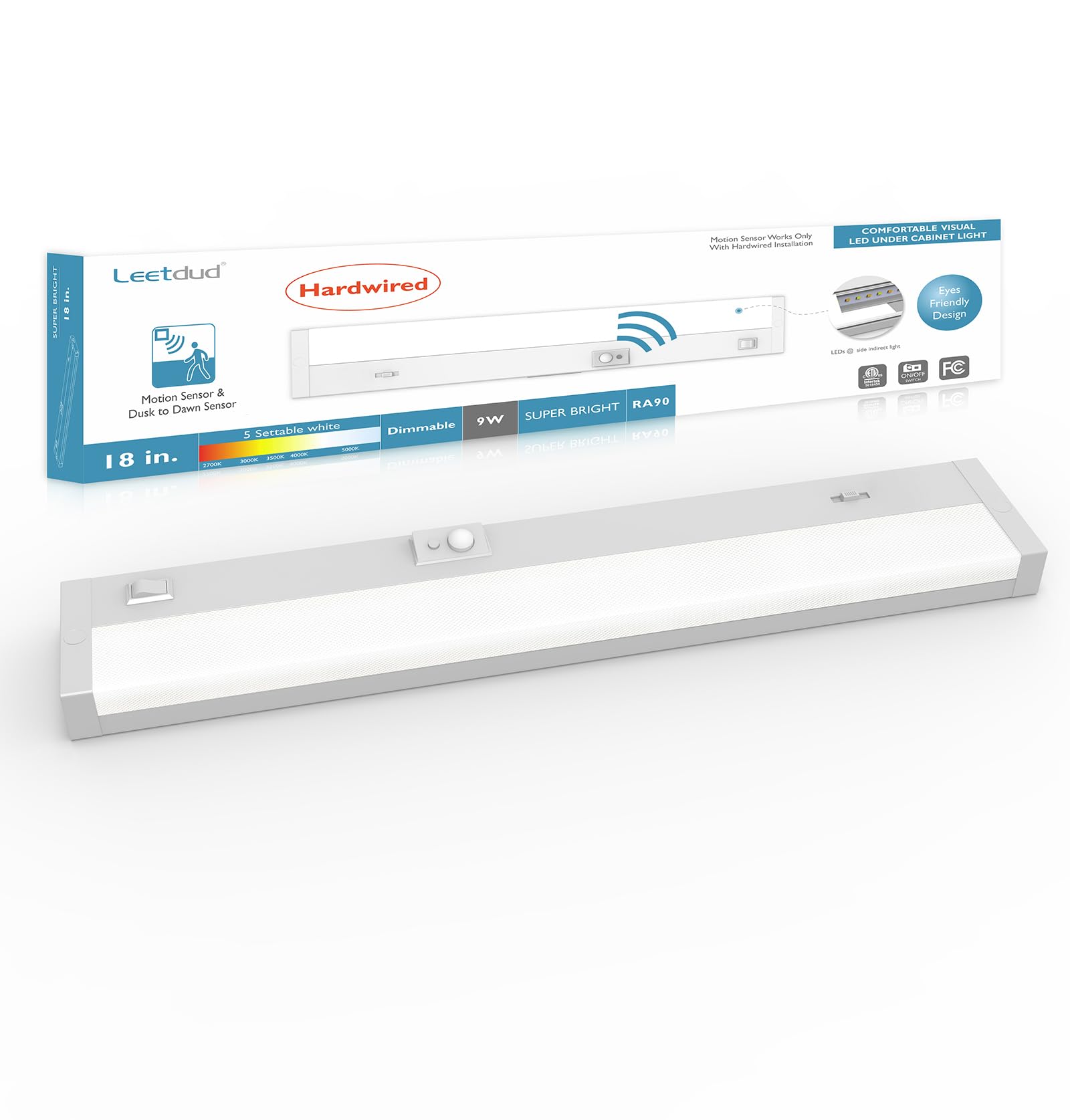 Leetdud Under Cabinet Lighting Motion Sensor Hardwired, 18 Inch 9W Dimmable, 5 CCT 2700/3000/3500/4000/5000K, Eyes Care Design L