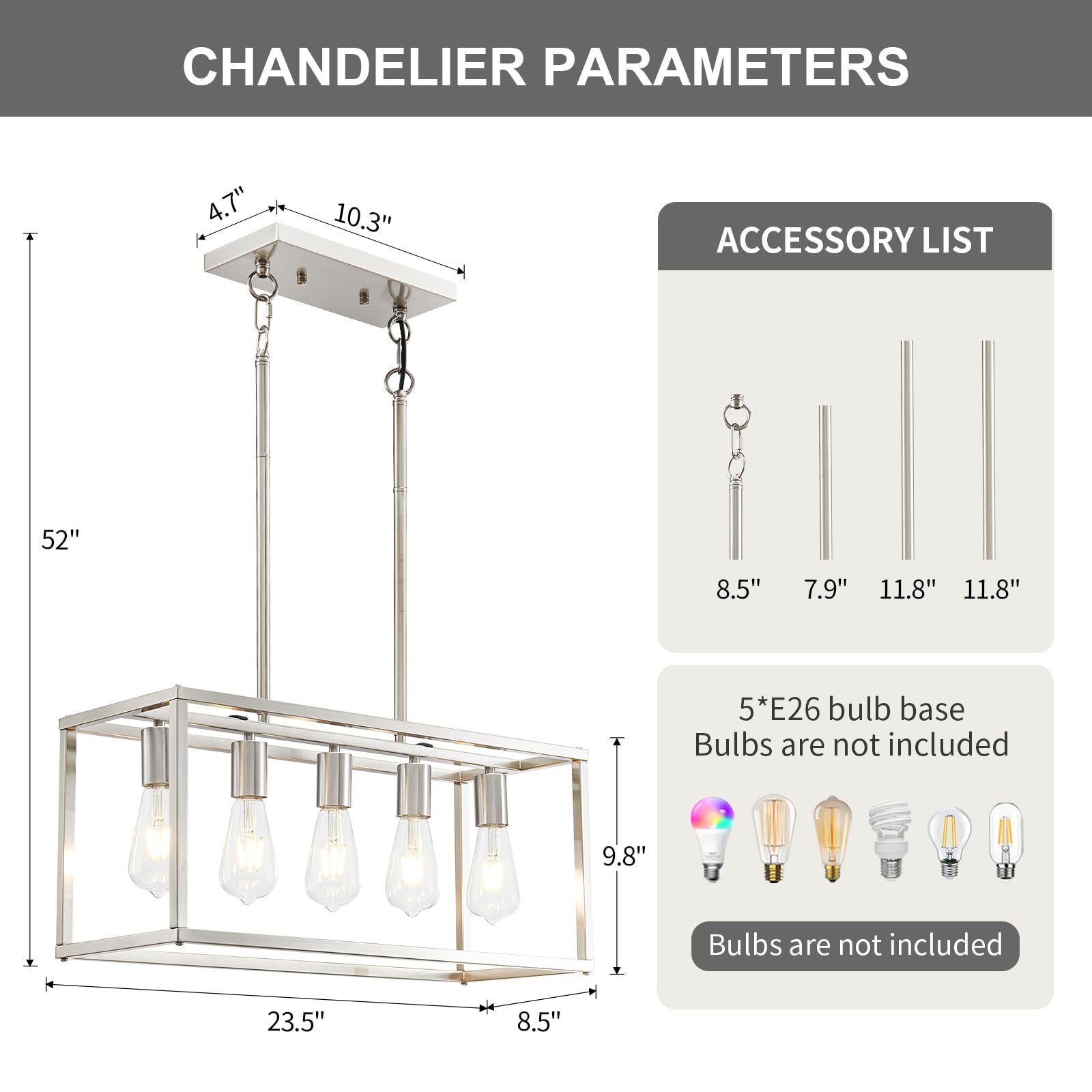 Lanhall 5-Light Pendant Light, Brushed Nickel Metal Chandelier for Kitchen Island, Adjustable Height, Modern Dining Room Fixture